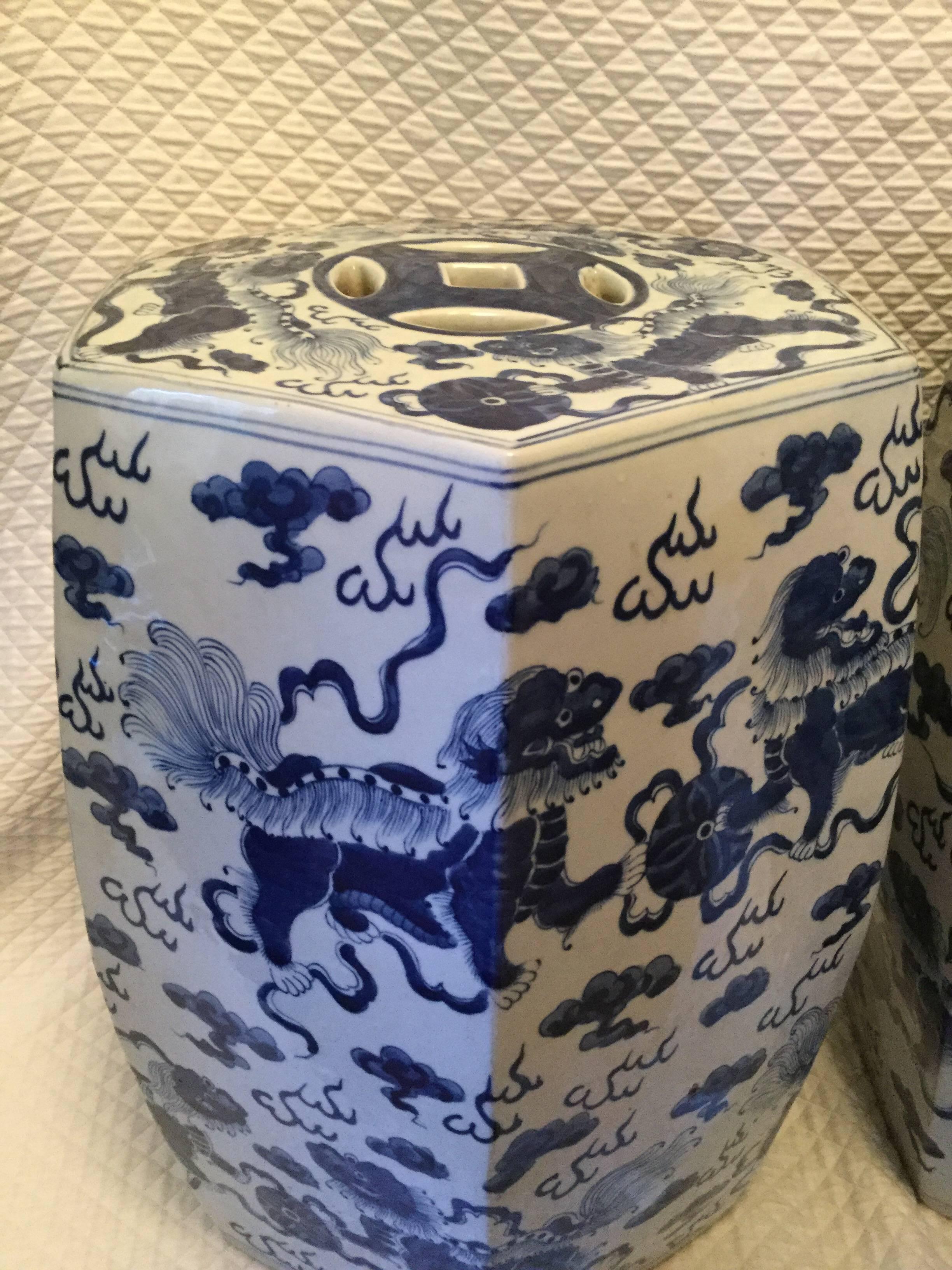 Qing Nice Pair of Hexangonal Chinese Export Blue and White Garden Seats