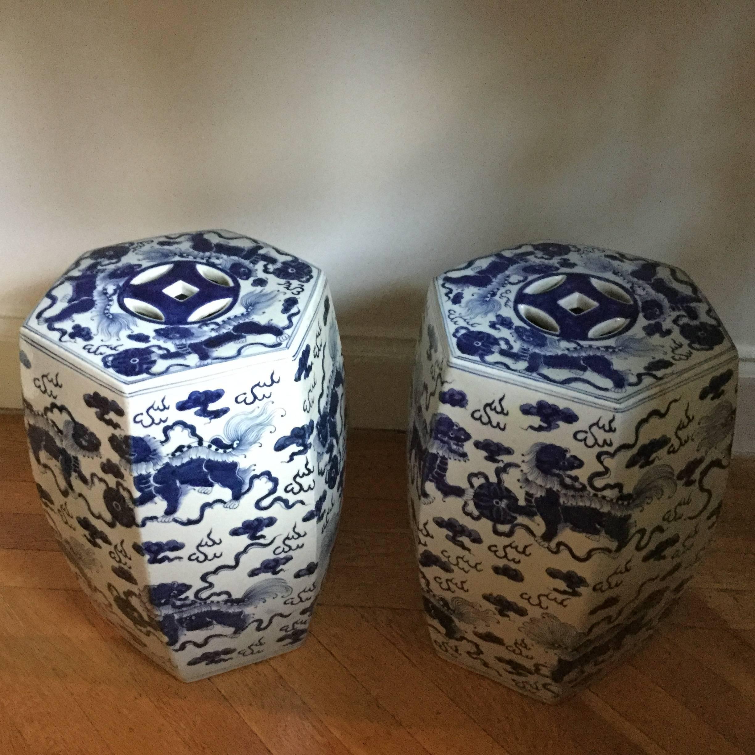 Nice Pair of Hexangonal Chinese Export Blue and White Garden Seats In Good Condition In Palm Beach, FL