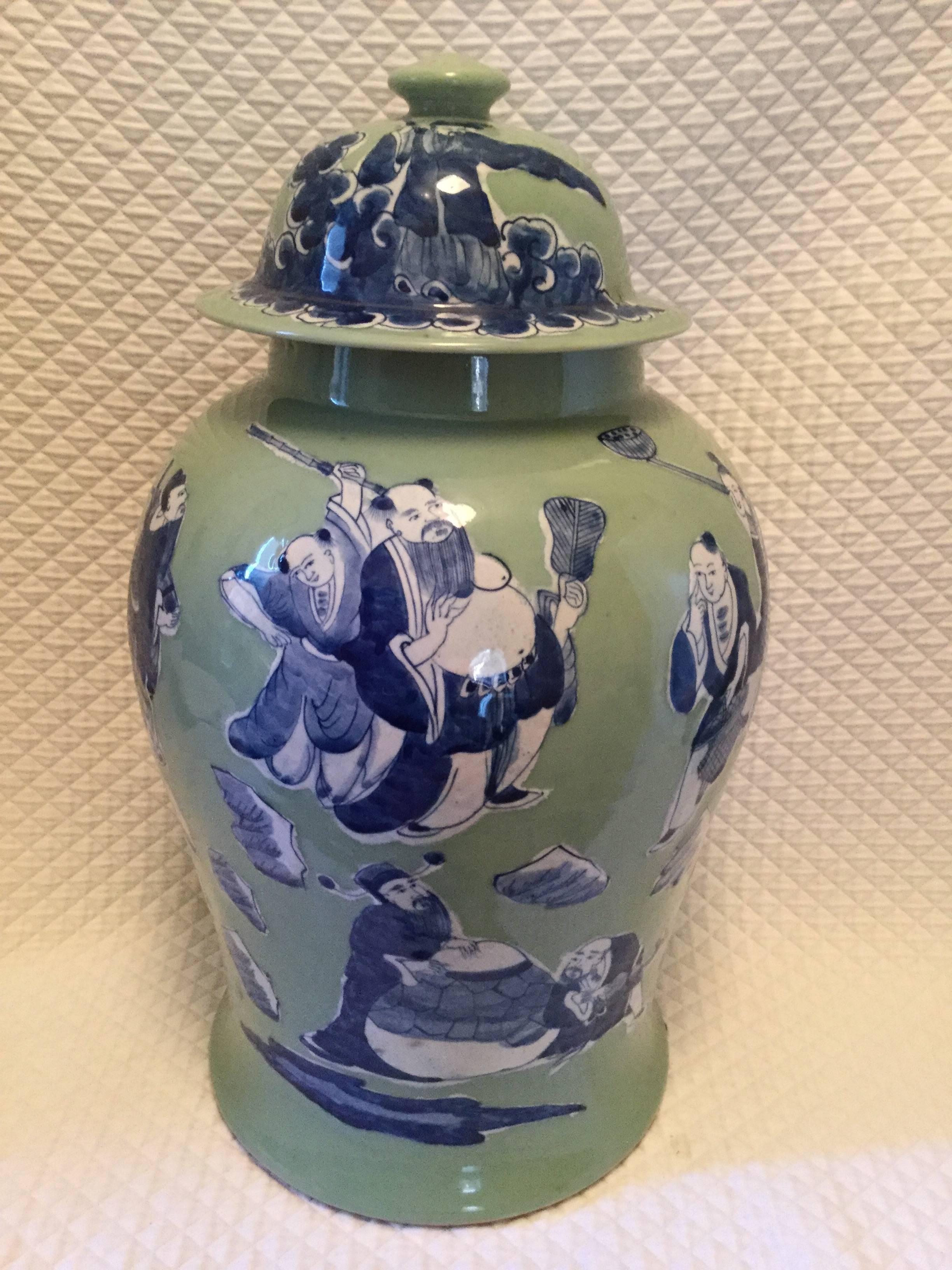 Chinese Export Baluster jars with Chinese warlord/warrior design. Blue and white on celadon background. Design only on one side. Warlords/warriors facing each other. Nice size and shape.