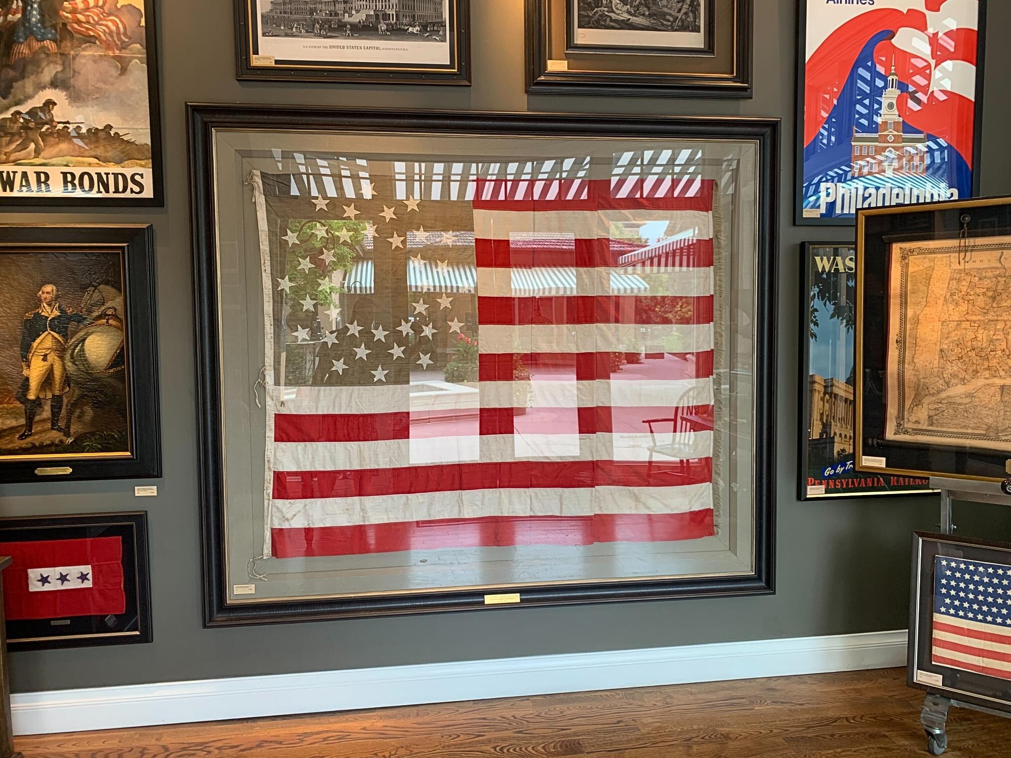 This a 36-star medallion American flag, with a magnificent and rare star pattern and campaign connection. 36 stars celebrate the addition of Nevada to the Union and officially flew from July 4, 1865 to July 3, 1867, under President Andrew