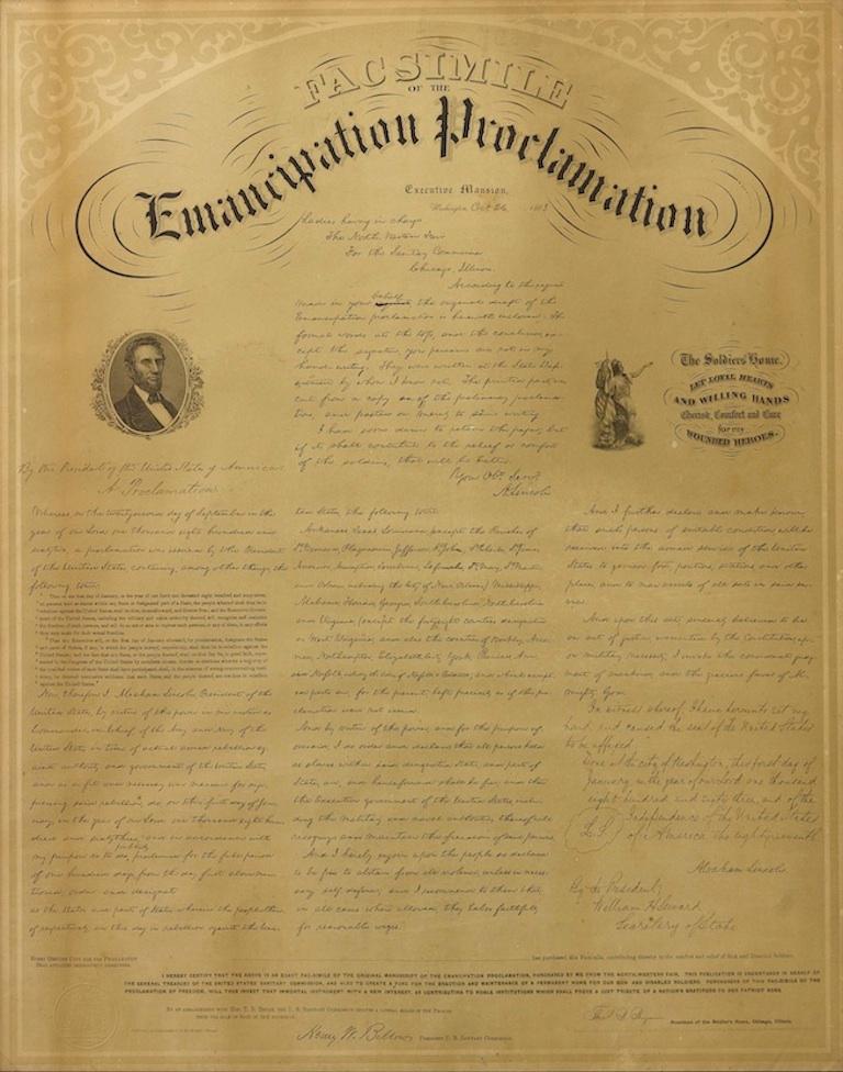 This 1863 lithograph is a facsimile printing of the final draft of the Emancipation Proclamation, written by President Abraham Lincoln in 1862. On September 22, 1862, five days after the Union victory at the Battle of Antietam, Lincoln released the