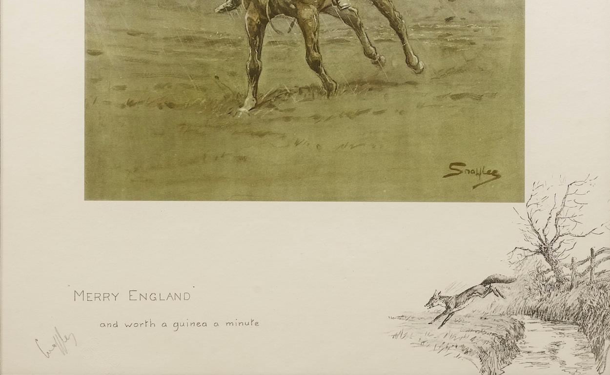 This 1920’s chromolithographic print is by sporting artist Charles Johnson Payne, and is entitled, “Merry England and Worth A Guinea a Minute”. The artist has laid down the print on a support sheet with an after-mark drawing in the lower right