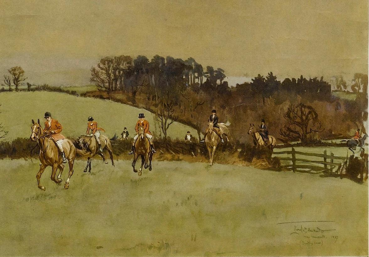 This is a 1937, signed fox hunting print by renowned British sporting artist Lionel Edwards, which is entitled The Meynell at Bantley Carr. The print depicts a Classic British country-hunting scene and has been signed by the artist in the lower left