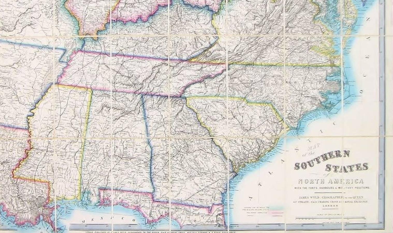 1861 hand-colored map of the Southern States of North America with the Forts, Harbours & Military Positions by James Wyld.

This important map indicates the dividing line between the Union and Confederate states. The map covers the area from Long