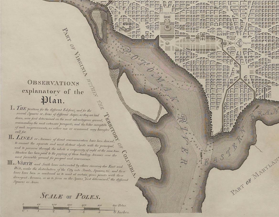 By Andrew Ellicott (1754-1820) and Pierre Charles L'Enfant (1754-1825). Plan of the City of Washington. Published by Thackara & Vallance, Philadelphia, 1792. Later impression printed on 19th century wove paper. 

This is a fine 19th century printing
