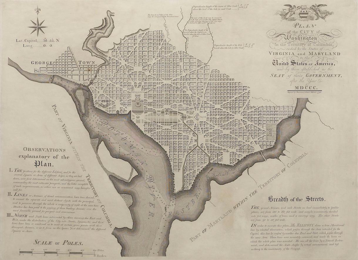 Paper Plan for the City of Washington by Andrew Ellicott, Antique Print, 19th Century For Sale