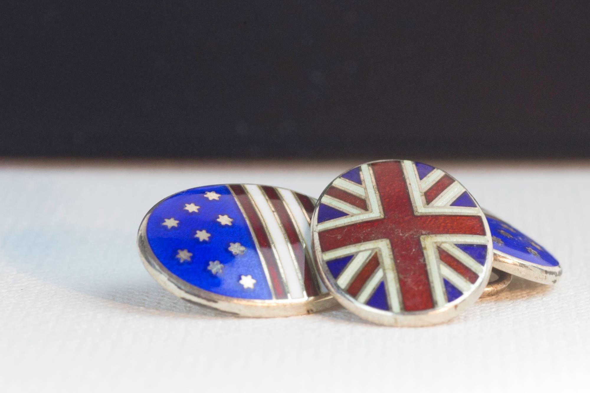 This set of patriotic cuff links was personally owned and worn by the late Tom Foley, former Speaker of the House. These cufflinks are made of silver and enameled with the flags of both the U.S.A. and Great Britain on each. The oval plates are