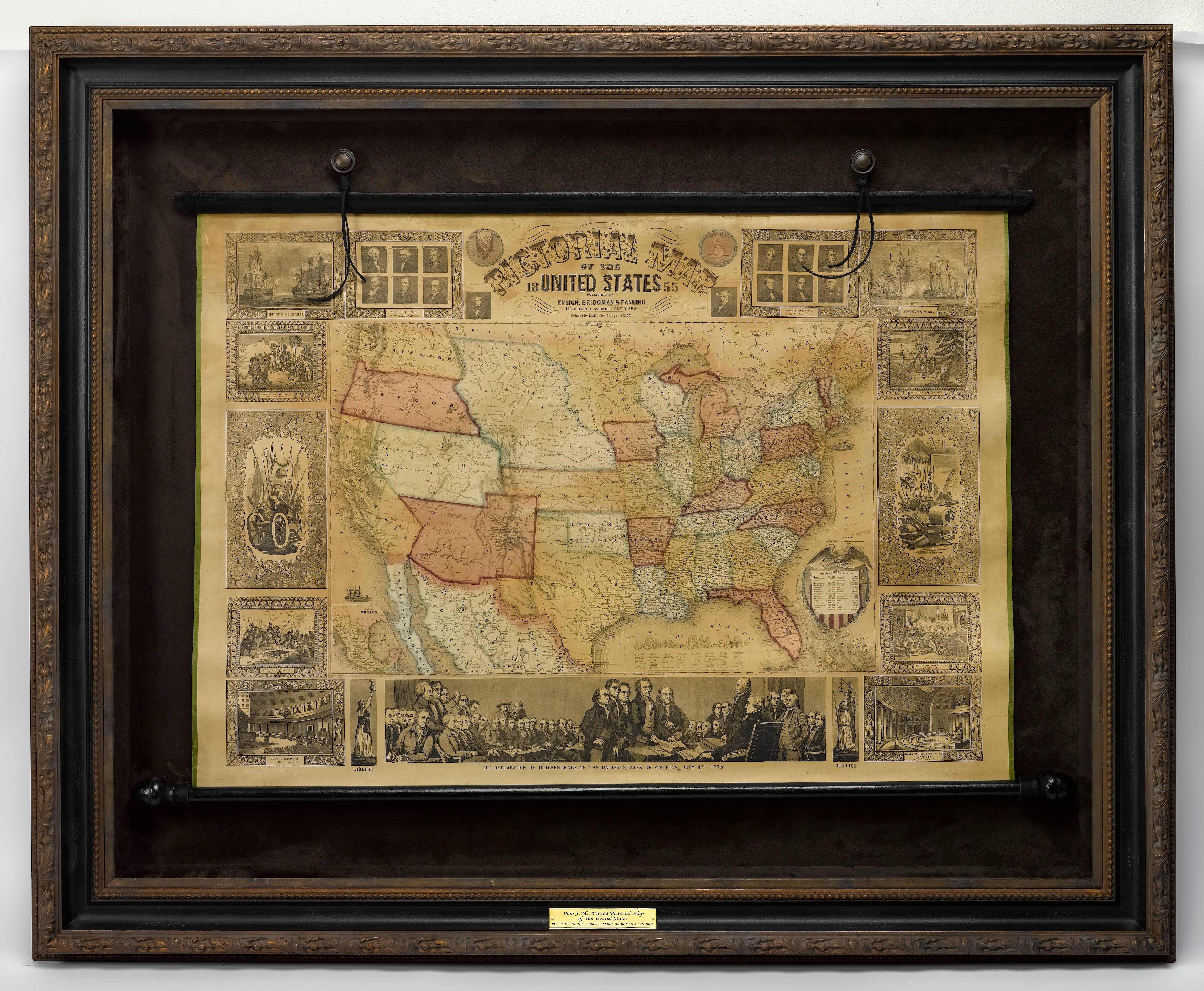This is a large and highly decorative 1855 wall map of the United States. Issued by Ensign, Bridgman & Fanning, this map was drawn and engraved by J.M. Atwood and covers the entire United States from Atlantic to Pacific and from Canada to the Gulf