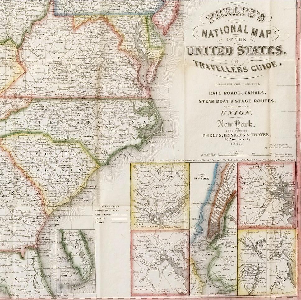A stunning framed wall map of the United States. This 1847 edition features a decorative border of 30 alternating state seals and 16 important historical figures, set around the U.S. map.

The map was once a fold-out guide map, housed in 