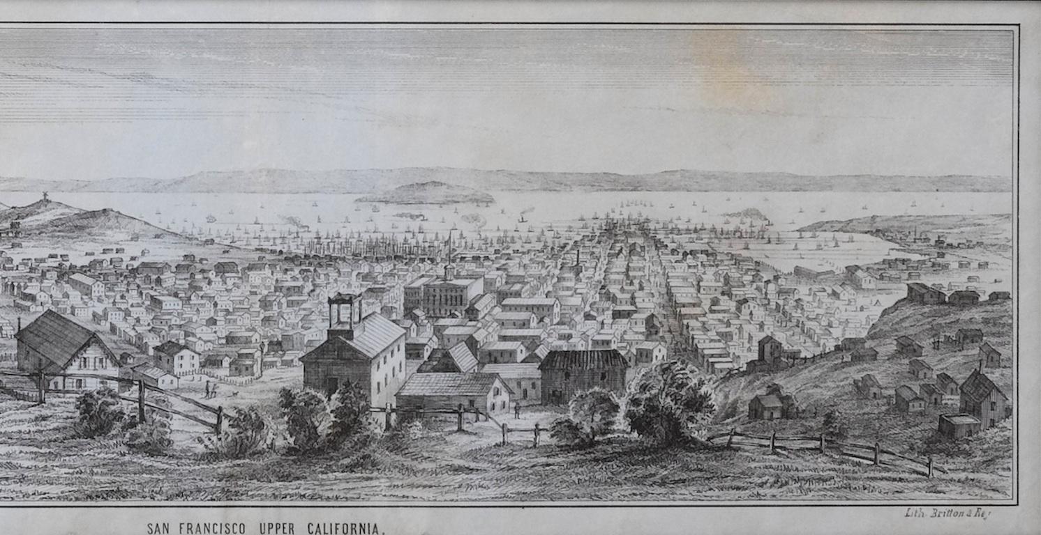 This is a pictorial lettersheet view of the city and harbor of San Francisco. This lithograph was printed on grey wove paper, across a double sheet, by famed lithographers Britton & Rey in 1851.

The image is a view of San Francisco from Nob Hill