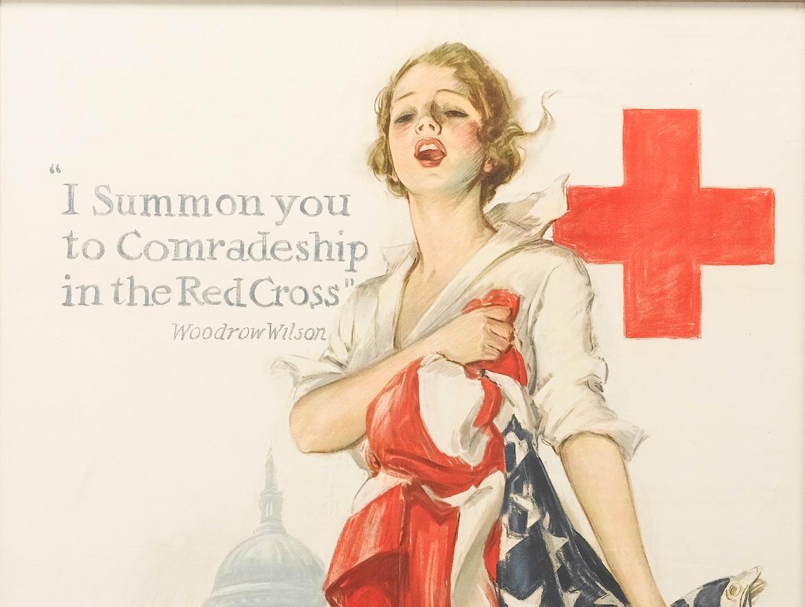 This WWI patriotic recruitment poster encourages viewers, specifically young women, to join the Red Cross and contribute to the American cause in the war efforts. The poster includes a quote from President Woodrow Wilson that reads, 