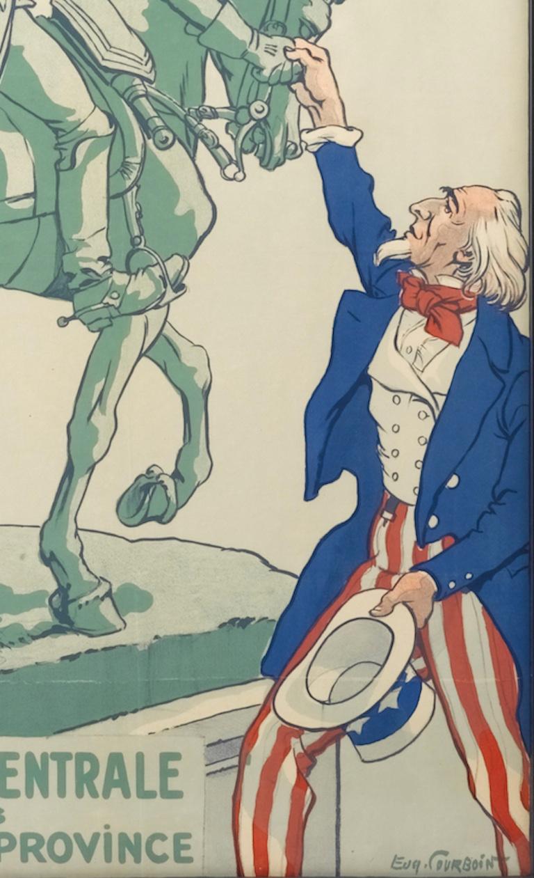 This is a French propaganda poster used during the Great War. It is a simple image that uses minimal but impactful color, limited to the red, white, and blue outfit on the Uncle Sam figure in the bottom right quadrant. It was designed by Eugene