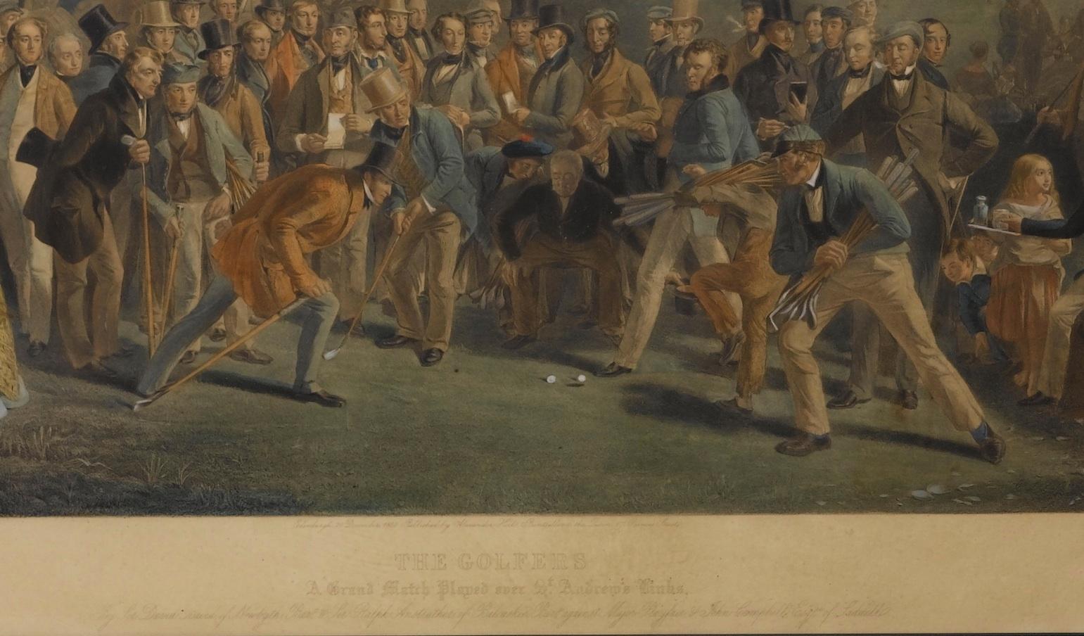 This is an original, 1st edition, 1850 hand-colored “Proof” steel engraving by Charles E. Wagstaffe after the original oil of 1847 by Charles Lees. Printed by W. Wolding of Edinburgh, this is an extremely rare version of golf’s most famous depiction