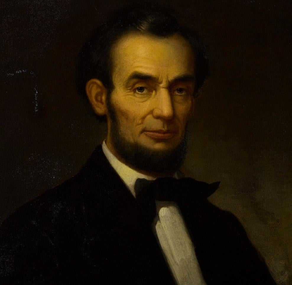 This portrait of President Abraham Lincoln was painted in 1870 by an unknown artist of the American School. An original, period, oil painting this portrait painting shows President Lincoln in 3/4-seated pose, with his full beard indicating a Civil