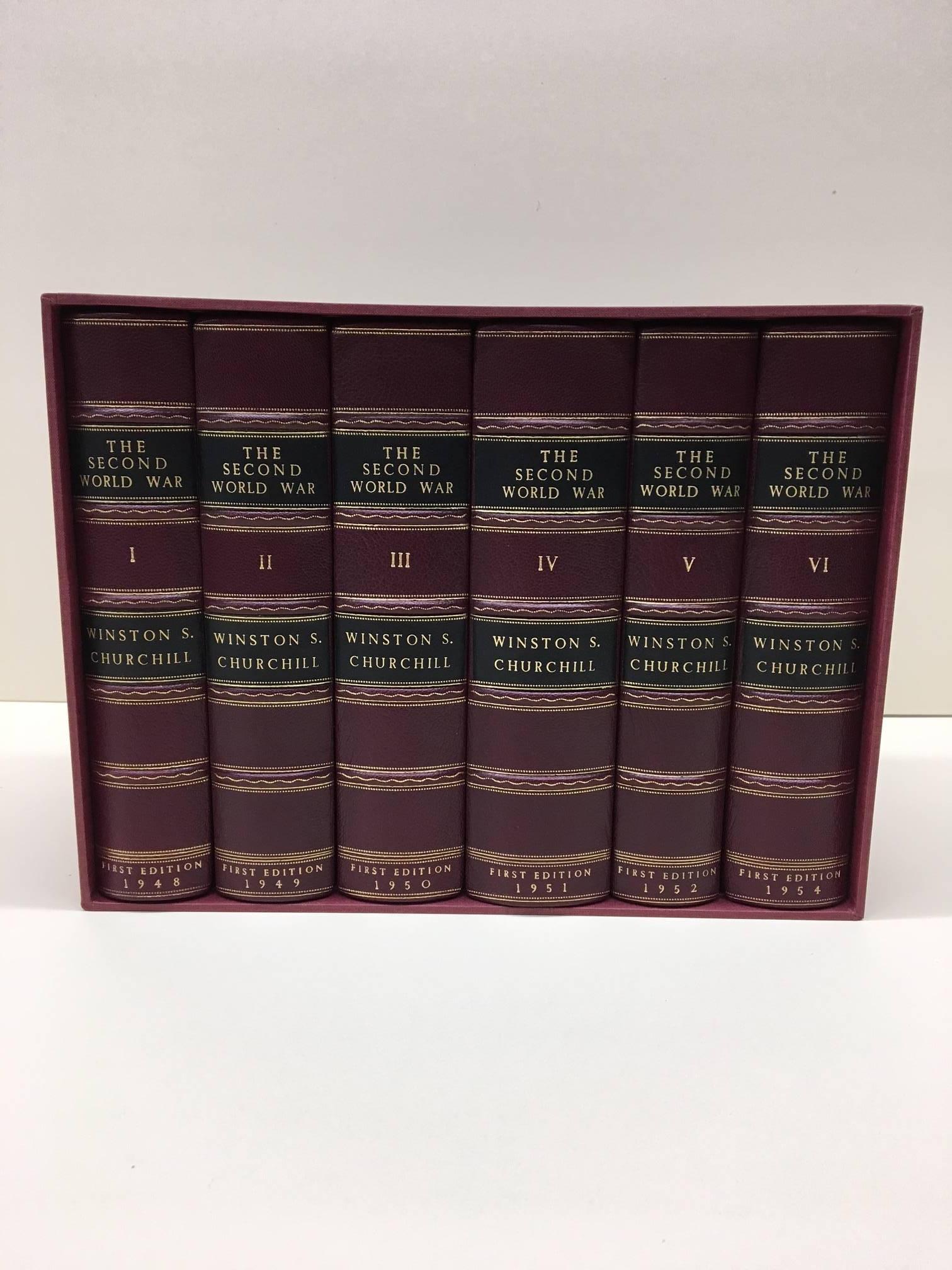 Churchill, Winston S. The Second World War: The Gathering Storm; Their Finest Hour; The Grand Alliance; The Hinge of Fate; Closing the Ring (signed); Triumph and Tragedy. London: Cassell, (1948-54). Six volumes. Octavo bound in quarter leather and