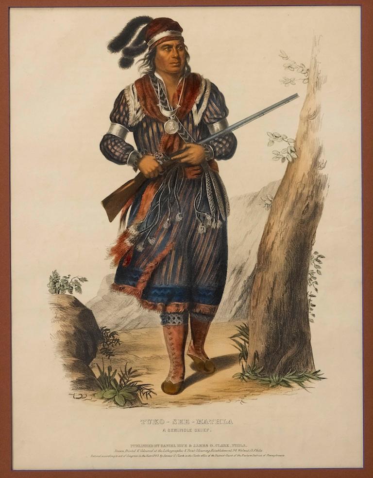 This is a striking lithographic portrait of Tuko-see-mathla, a Seminole Chief, from McKenney and Hall’s three-volume work Indian Tribes of North America. This portrait was printed in 1843. It was published by Daniel Rice & James G. Clark out of