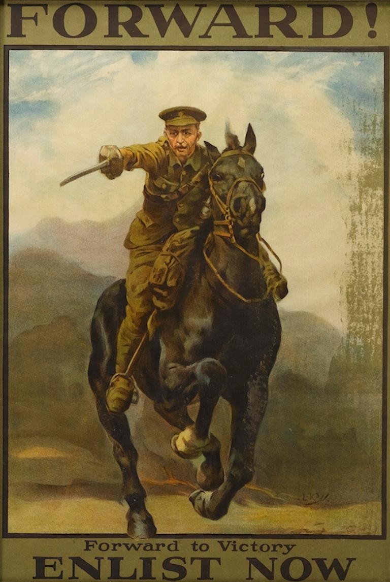 This 1915 poster depicts a mounted cavalry officer brandishing a sword, his horse at full gallop, leading a charge. The poster was published out of London by the Parliamentary Recruiting Committee. and printed by David Allen & Sons, Ltd., Harrow,