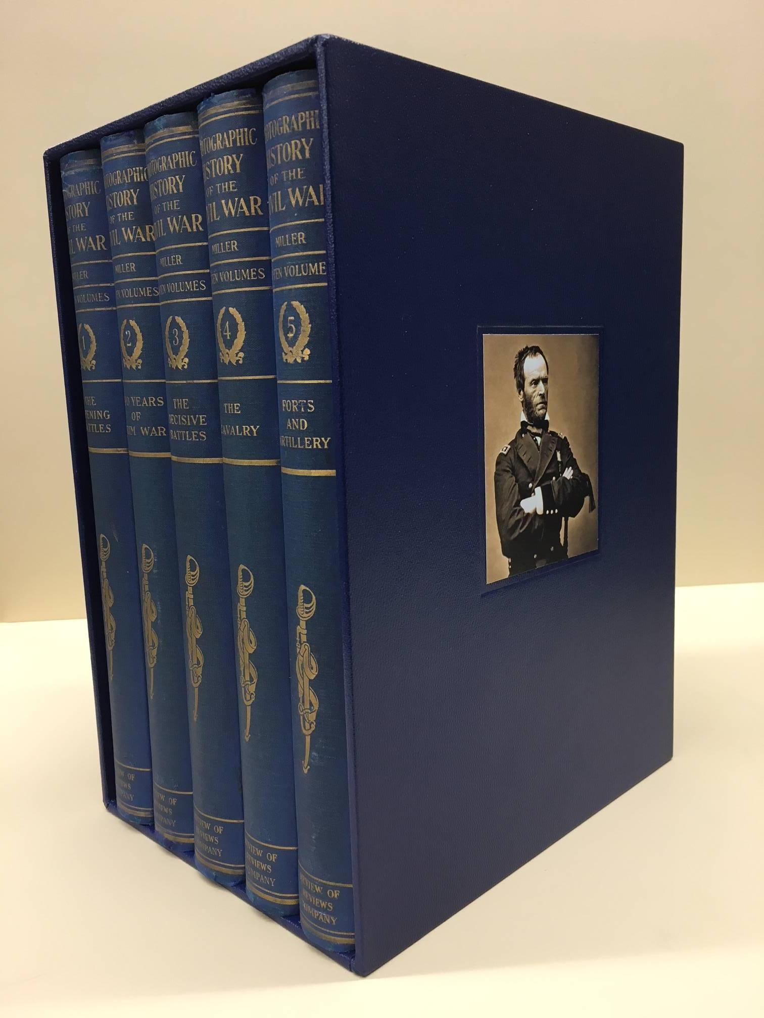 Miller, Francis Trevelyan (editor). The Photographic History of the Civil War in Ten Volumes. New York: The Review of Reviews Co., 1911. First Edition. Quarto, ten volume set, in original blue cloth gilt bindings. Housed in two custom