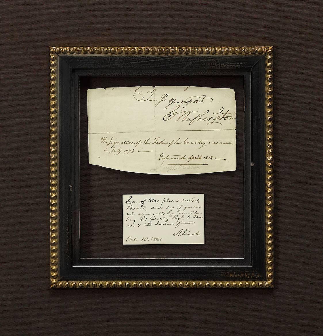 This exquisite autographed collage celebrates two of our country’s greatest leaders and political minds, George Washington and Abraham Lincoln. The collage is composed of two war-dated signatures: a 1778 conclusion of a manuscript letter signed by