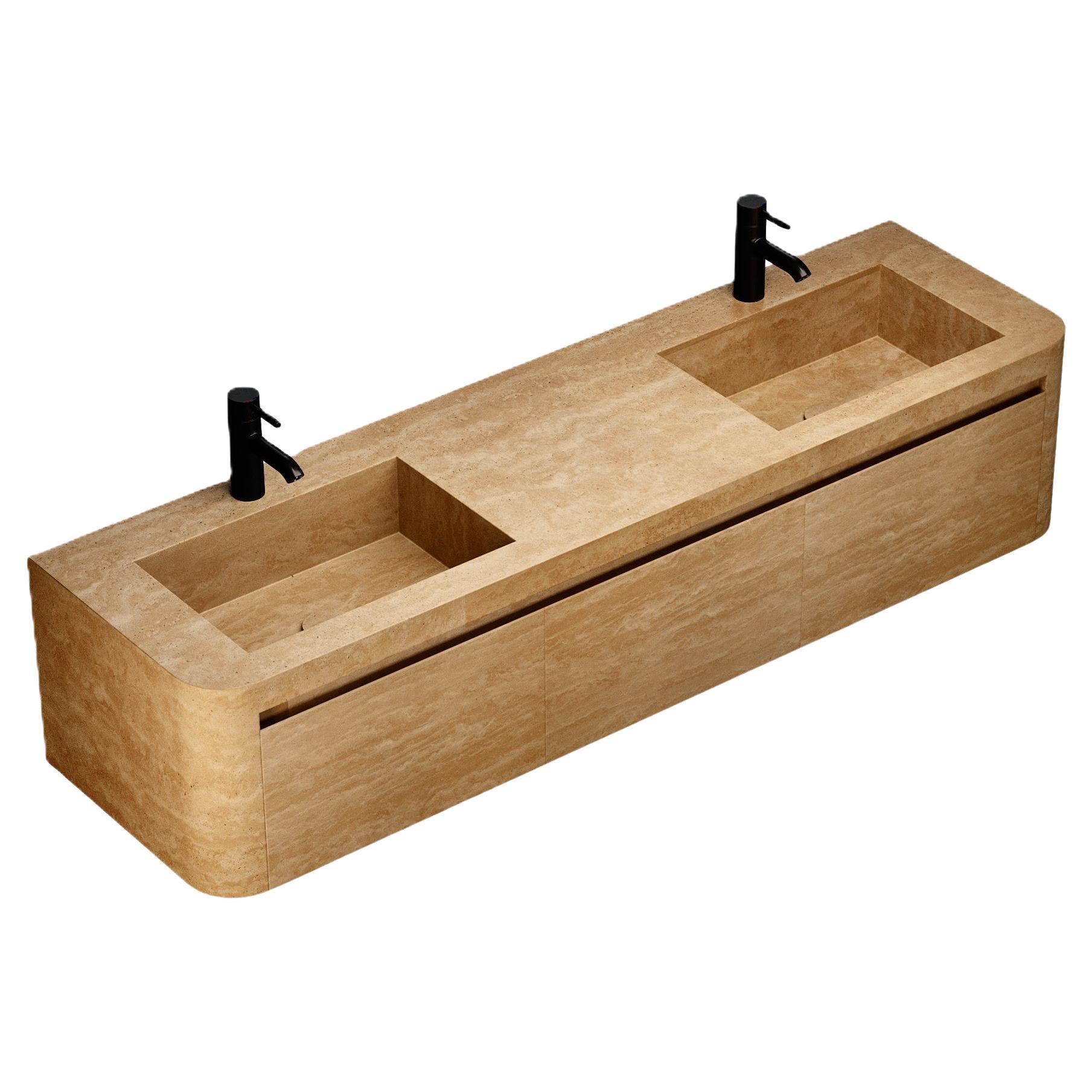 Lyke - Wandschminktisch mit doppeltem Basin für das Badezimmer - Beigefarbenes Travertin