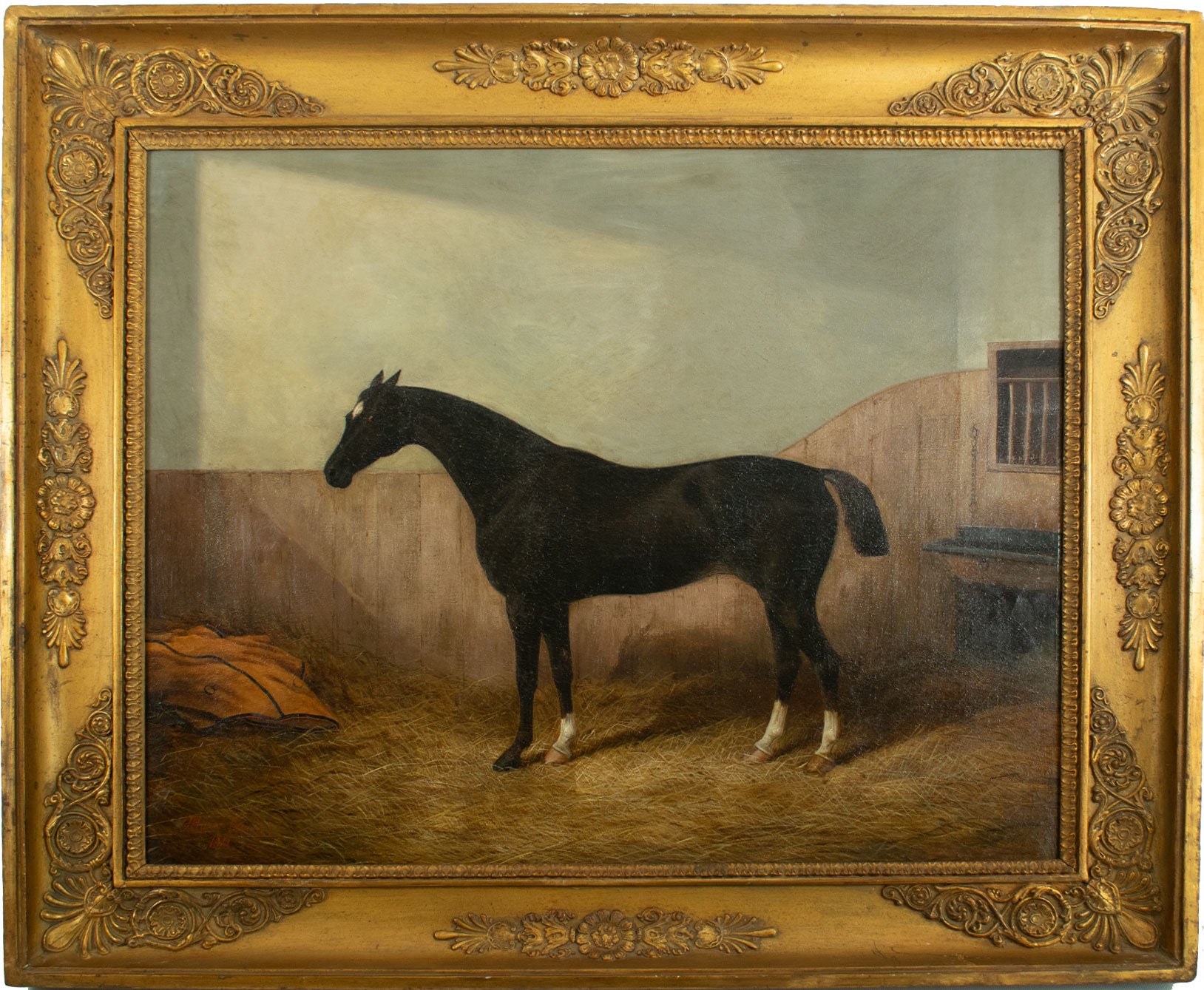 Albert CLARK (1843-1928) Black horse in its stable, oil on canvas For Sale