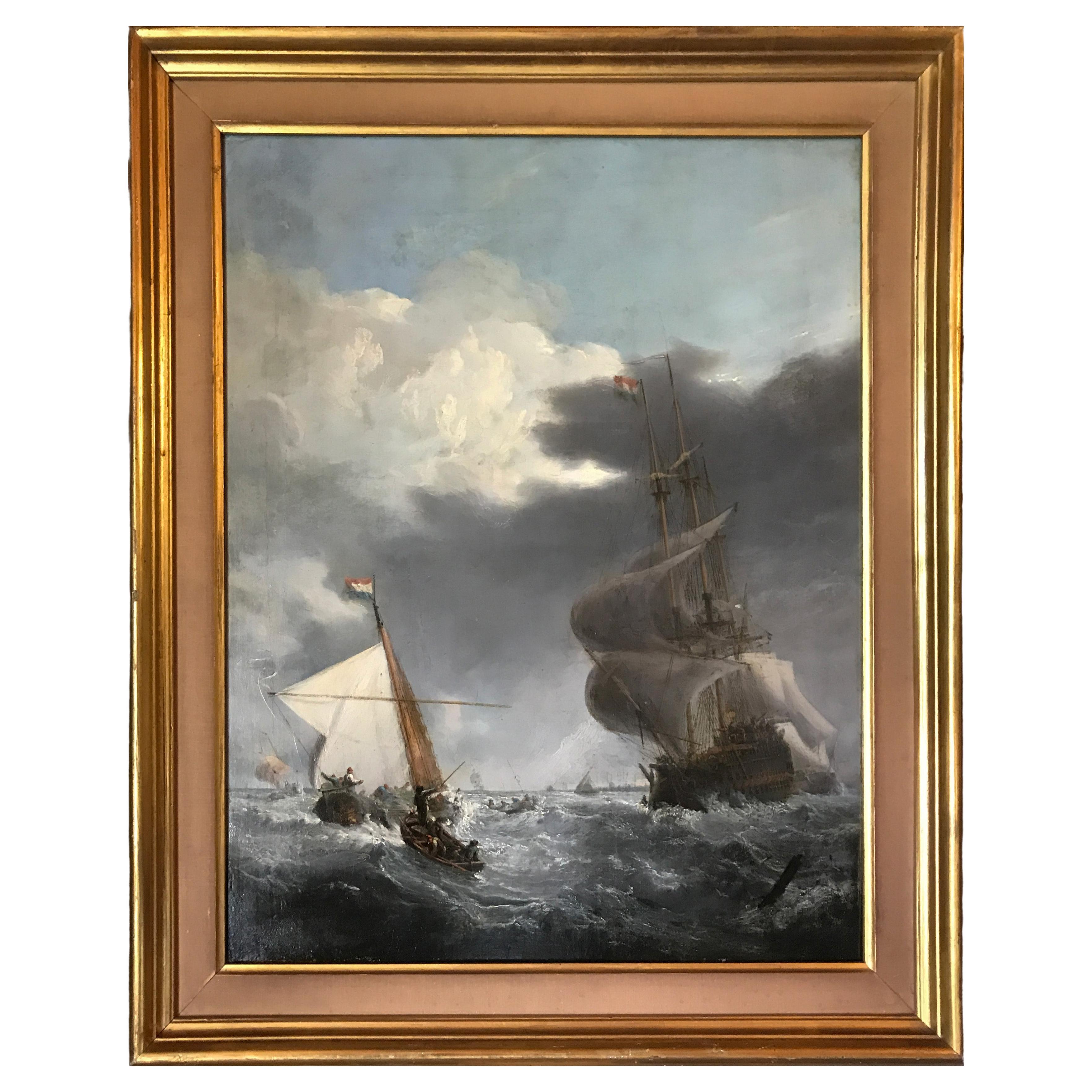 Oil on Canvas, 19 c. Dutch Ships Battling Stormy Seas, After Willem van de Velde