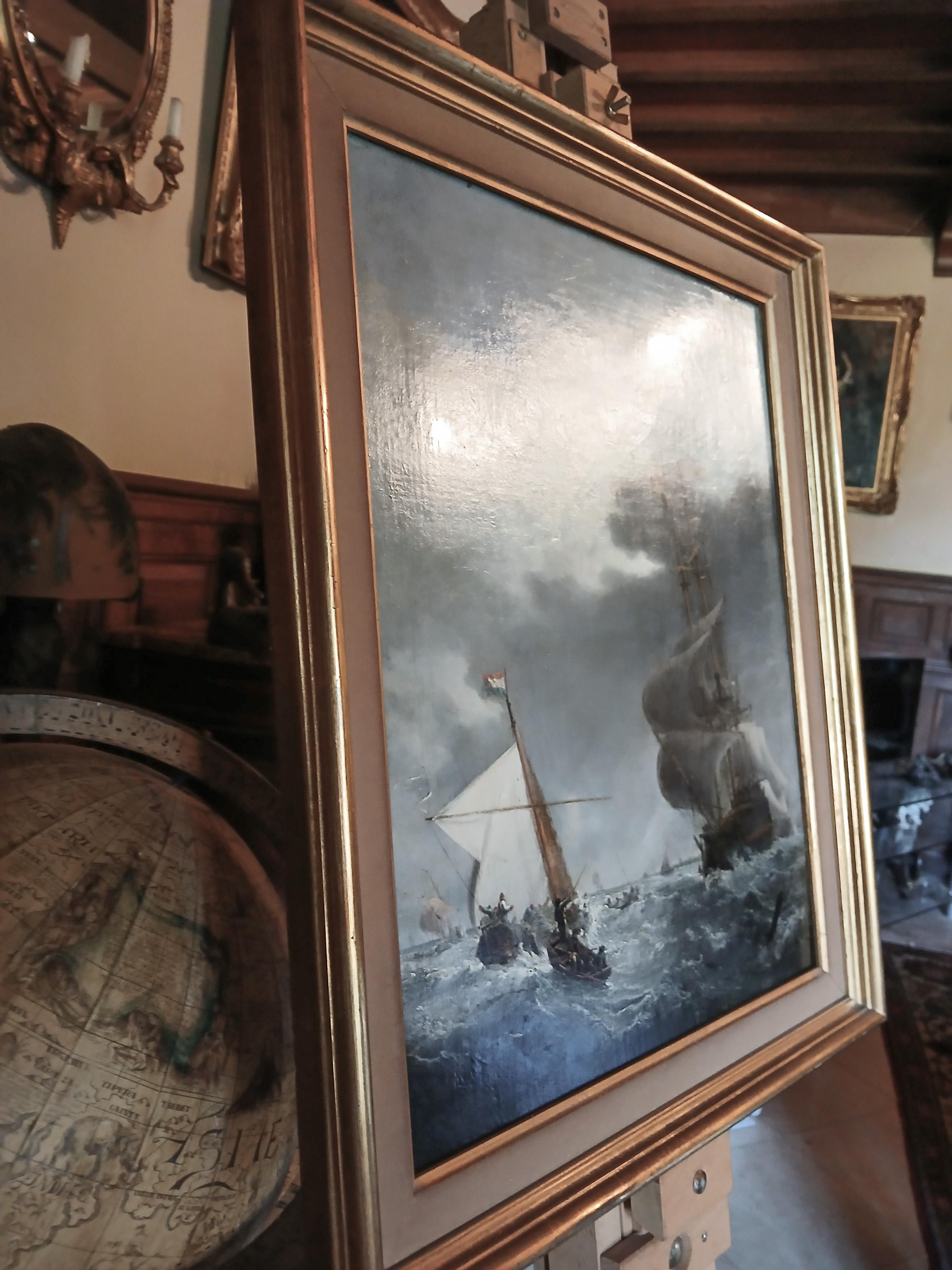 Huile sur toile, 19 c. Navires néerlandais affrontant des mers déchaînées, d'après Willem Van de Velde en vente 3