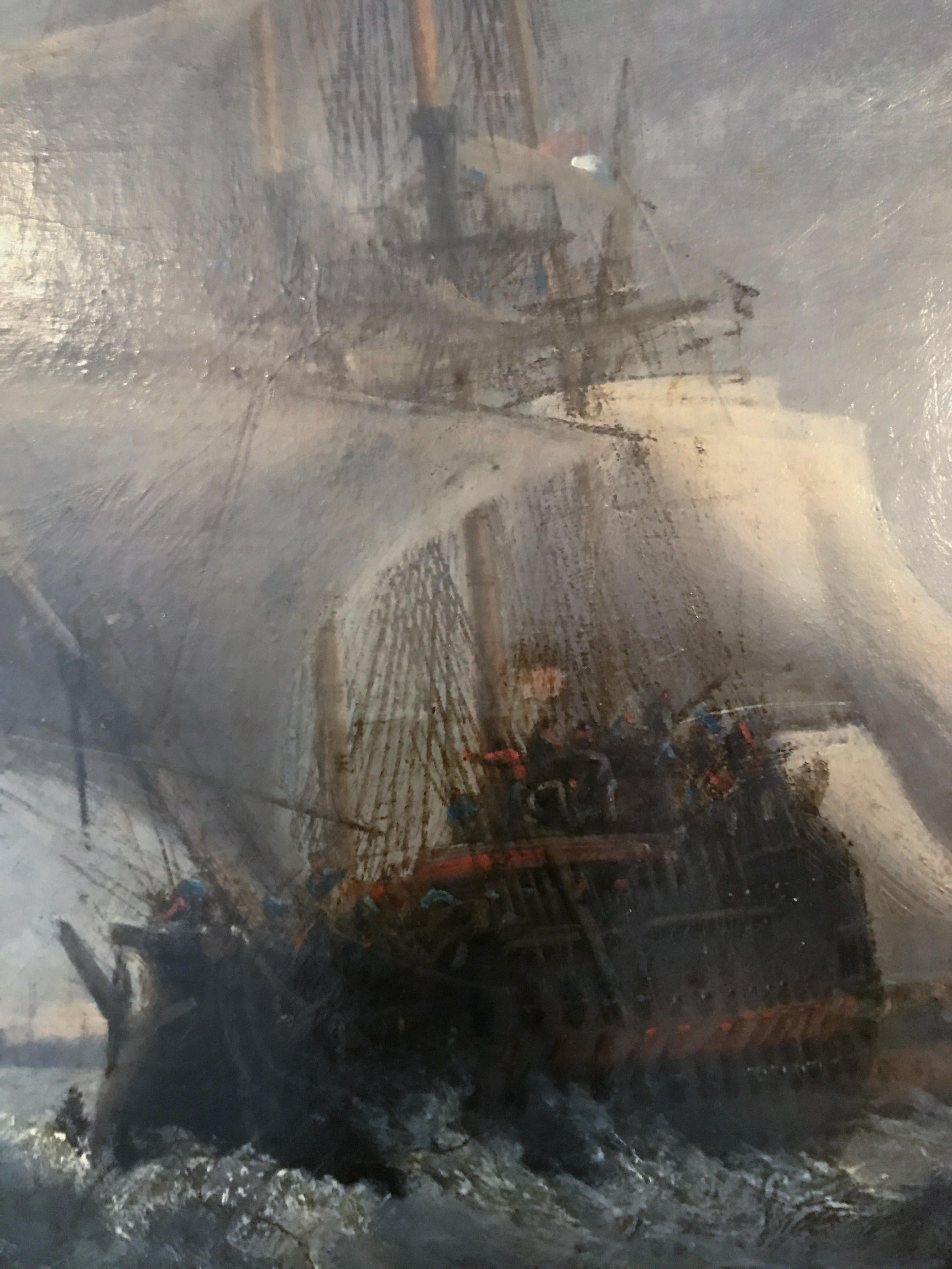 Huile sur toile, 19 c. Navires néerlandais affrontant des mers déchaînées, d'après Willem Van de Velde en vente 1