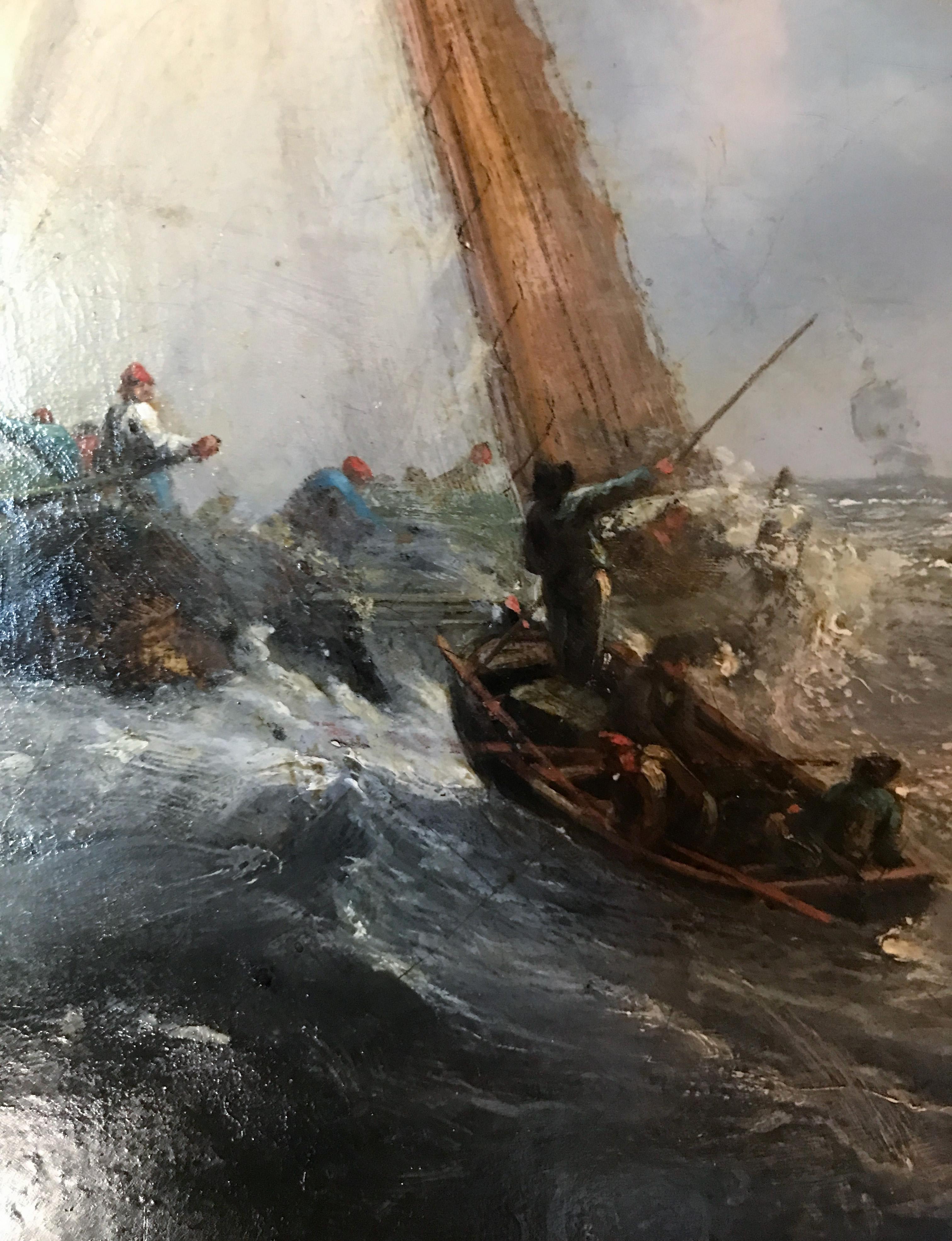Huile sur toile, 19 c. Navires néerlandais affrontant des mers déchaînées, d'après Willem Van de Velde Bon état - En vente à TEYJAT, FR
