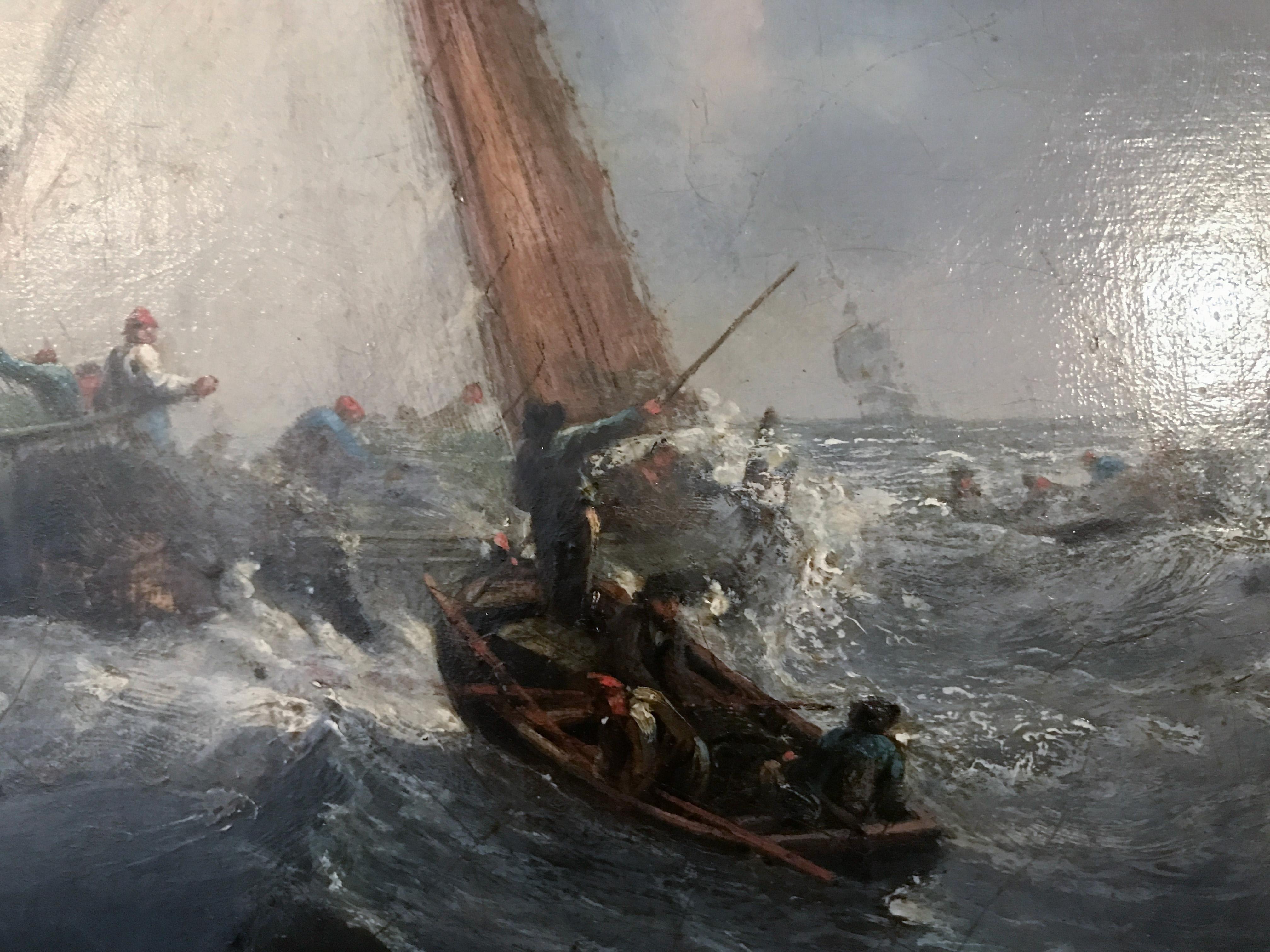 Huile sur toile, 19 c. Navires néerlandais affrontant des mers déchaînées, d'après Willem Van de Velde en vente 2