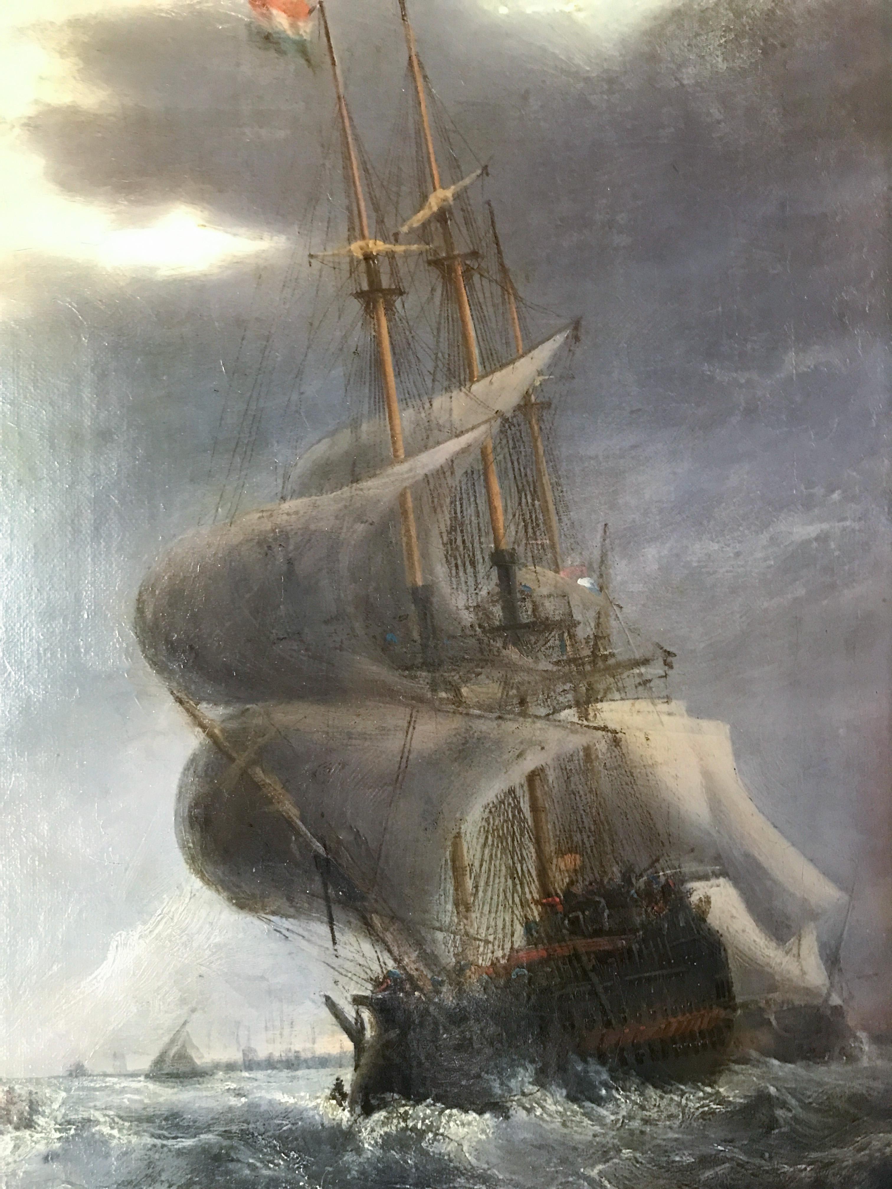 XIXe siècle Huile sur toile, 19 c. Navires néerlandais affrontant des mers déchaînées, d'après Willem Van de Velde en vente