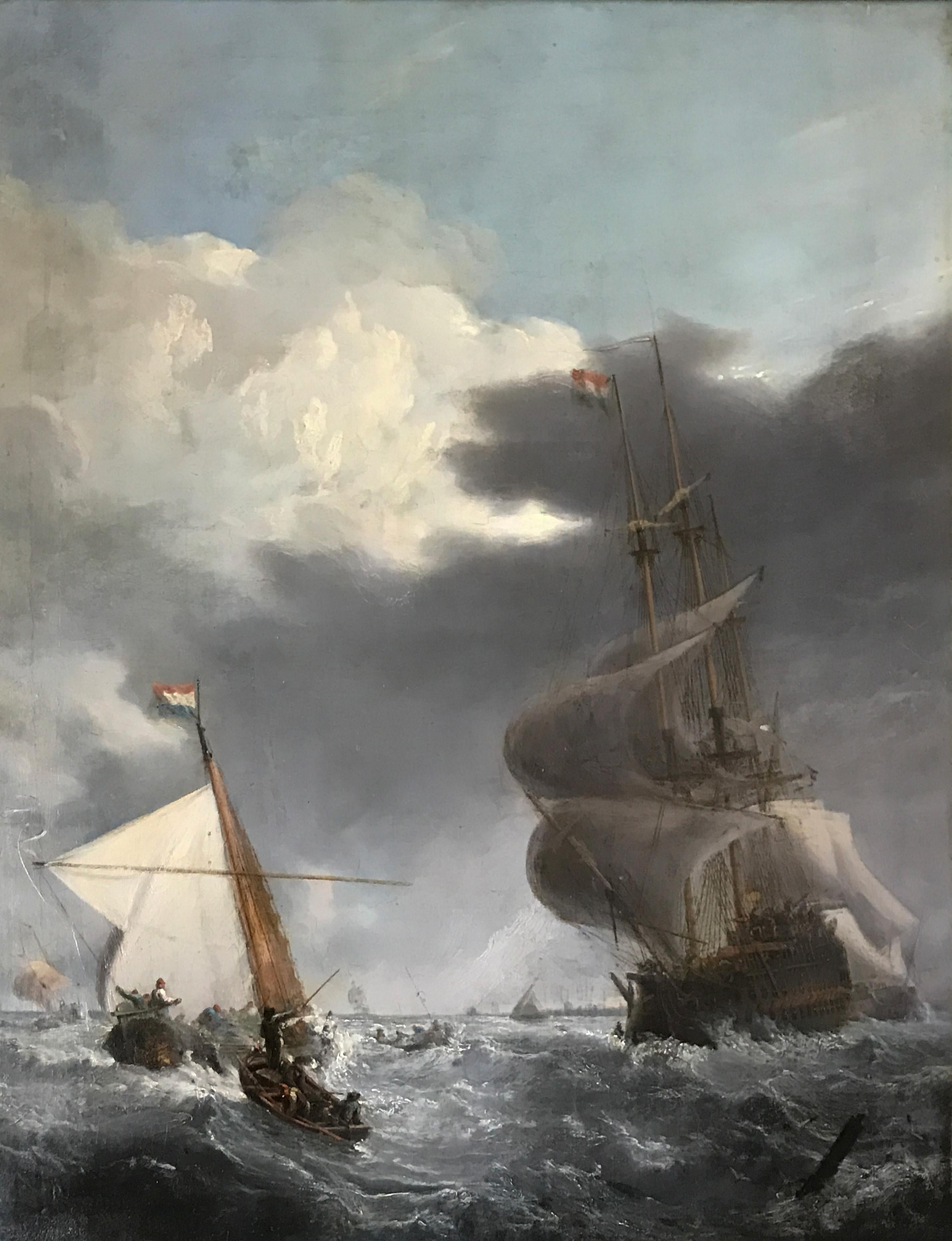 Néerlandais Huile sur toile, 19 c. Navires néerlandais affrontant des mers déchaînées, d'après Willem Van de Velde en vente