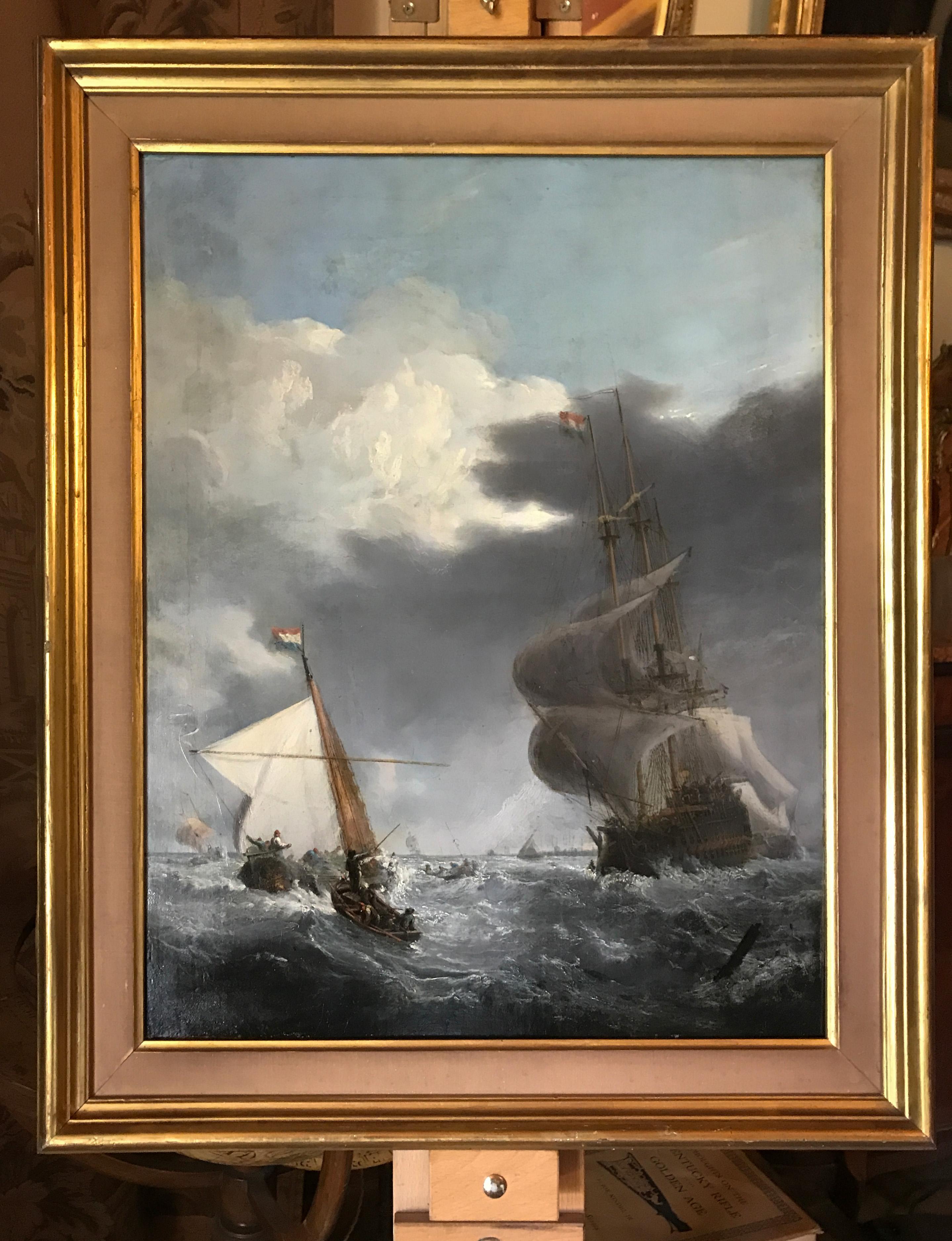 Dramatique peinture à l'huile de marine du XIXe siècle représentant des navires hollandais affrontant des mers déchaînées, d'après Willem van de Velde

Cette peinture à l'huile du XIXe siècle saisit l'intensité dramatique des voiliers hollandais