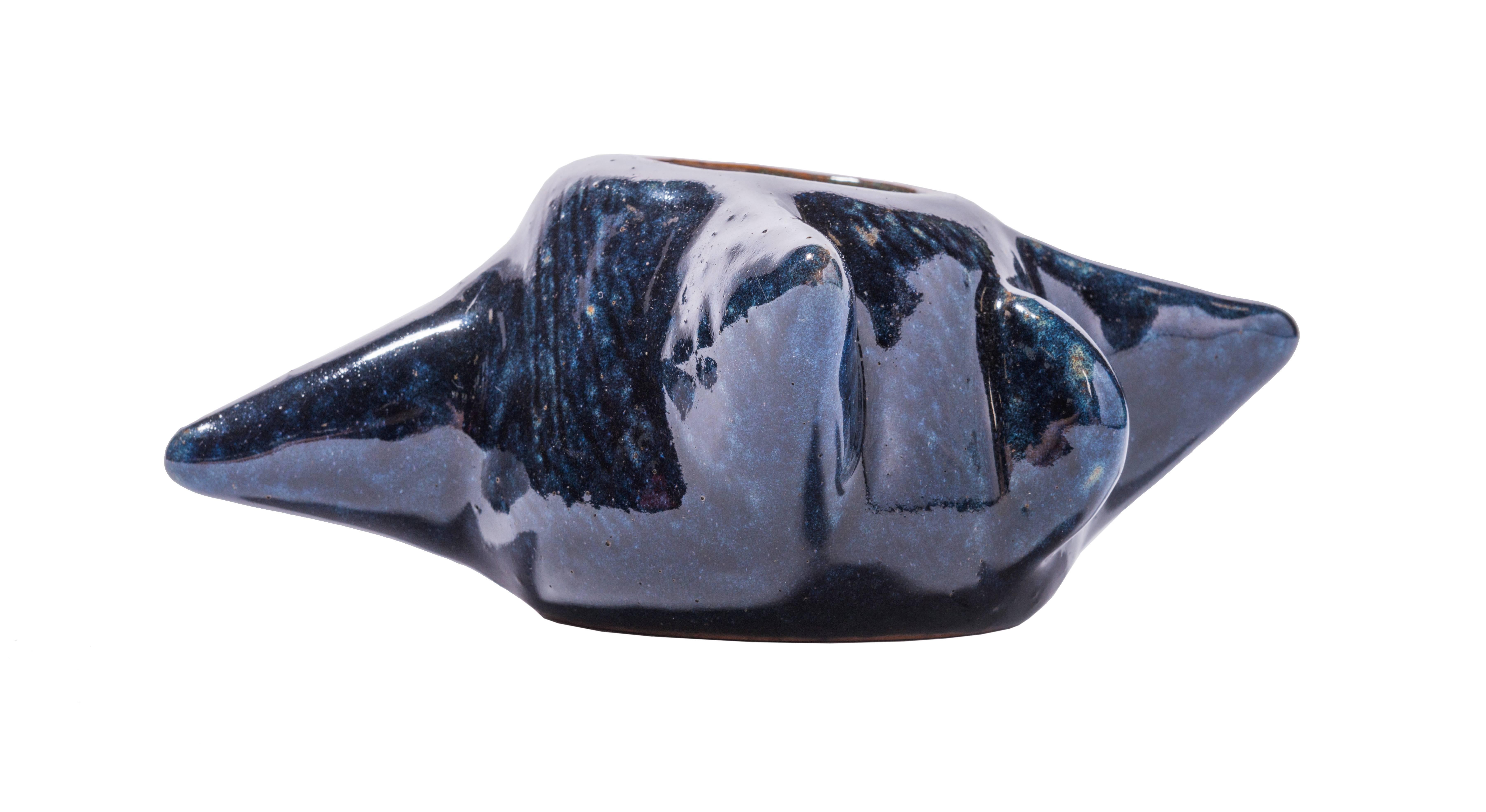 Small but dramatic Salto vase with wide large protrusions in a blue high-gloss glaze. Signed and in excellent condition.