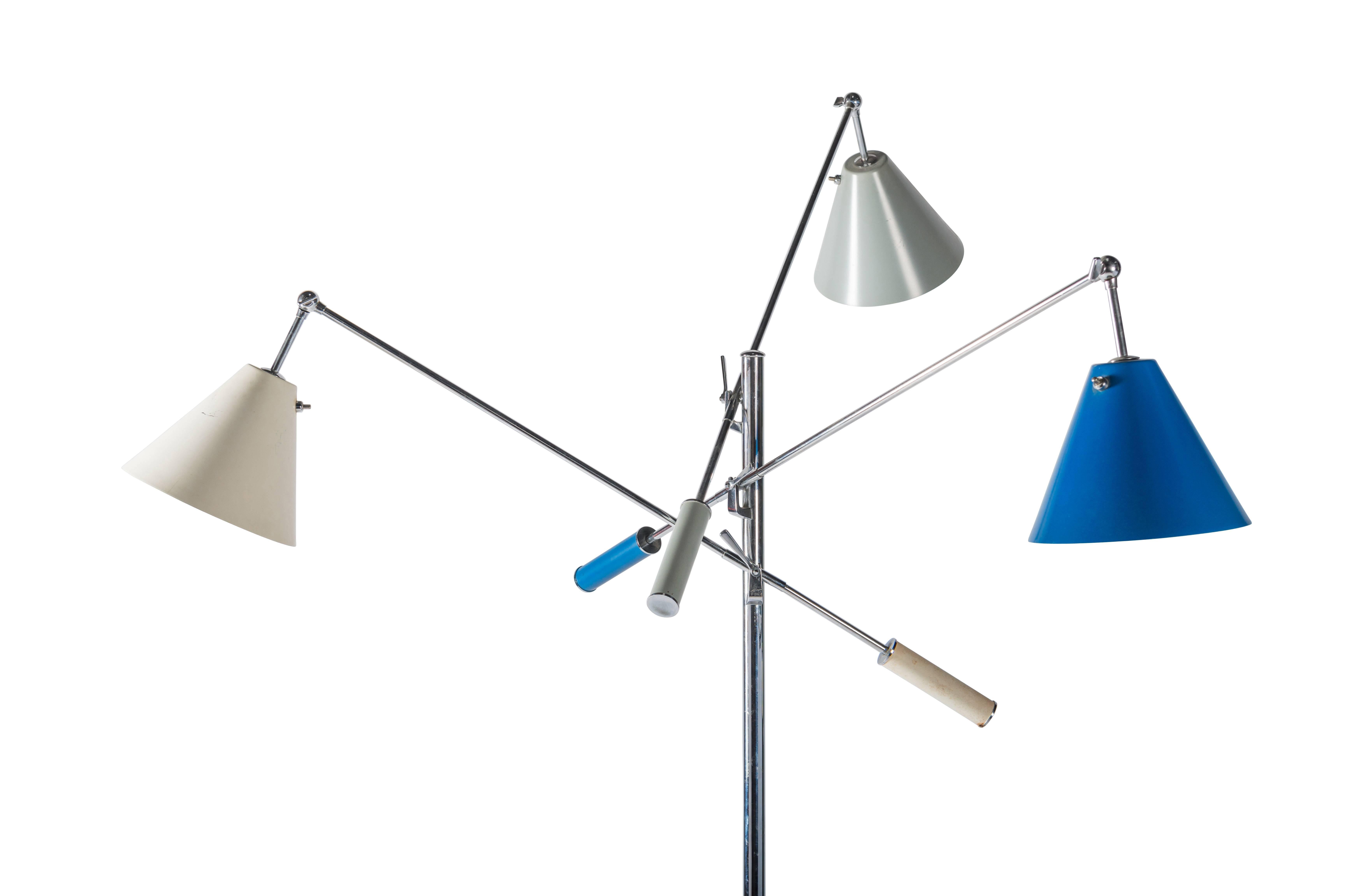 Early chrome Triennale floor lamp by Angelo Lelli for Arredolce, Italy, circa 1958. Original painted white, grey and blue shades and handles. Marked 