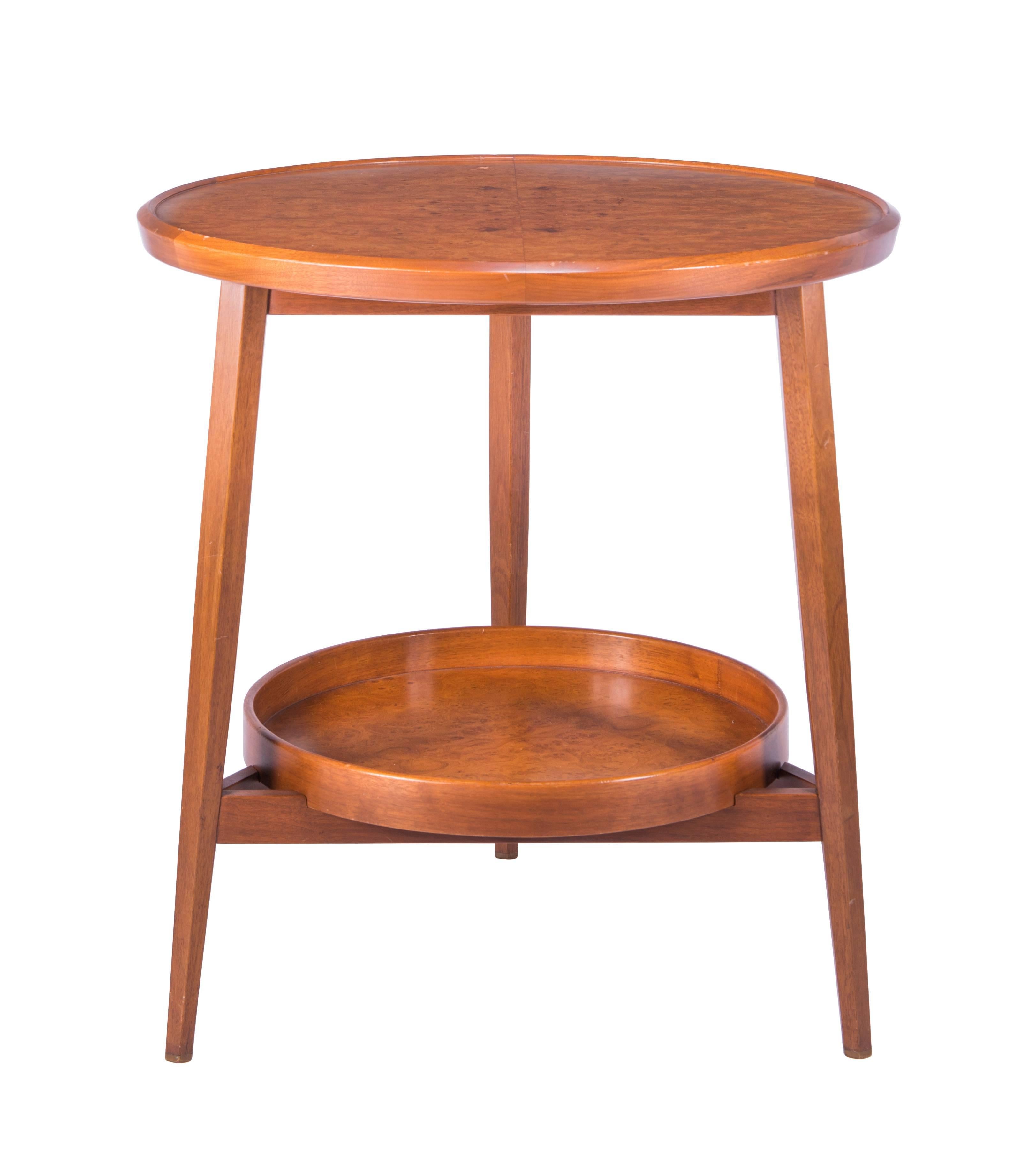 A rare and unusual Edward Wormley designed table for Dunbar. Table's surfaces are Carpathian elm burl on a mahogany frame with a removable lower tray. Table is from Dunbar's Janus Line.