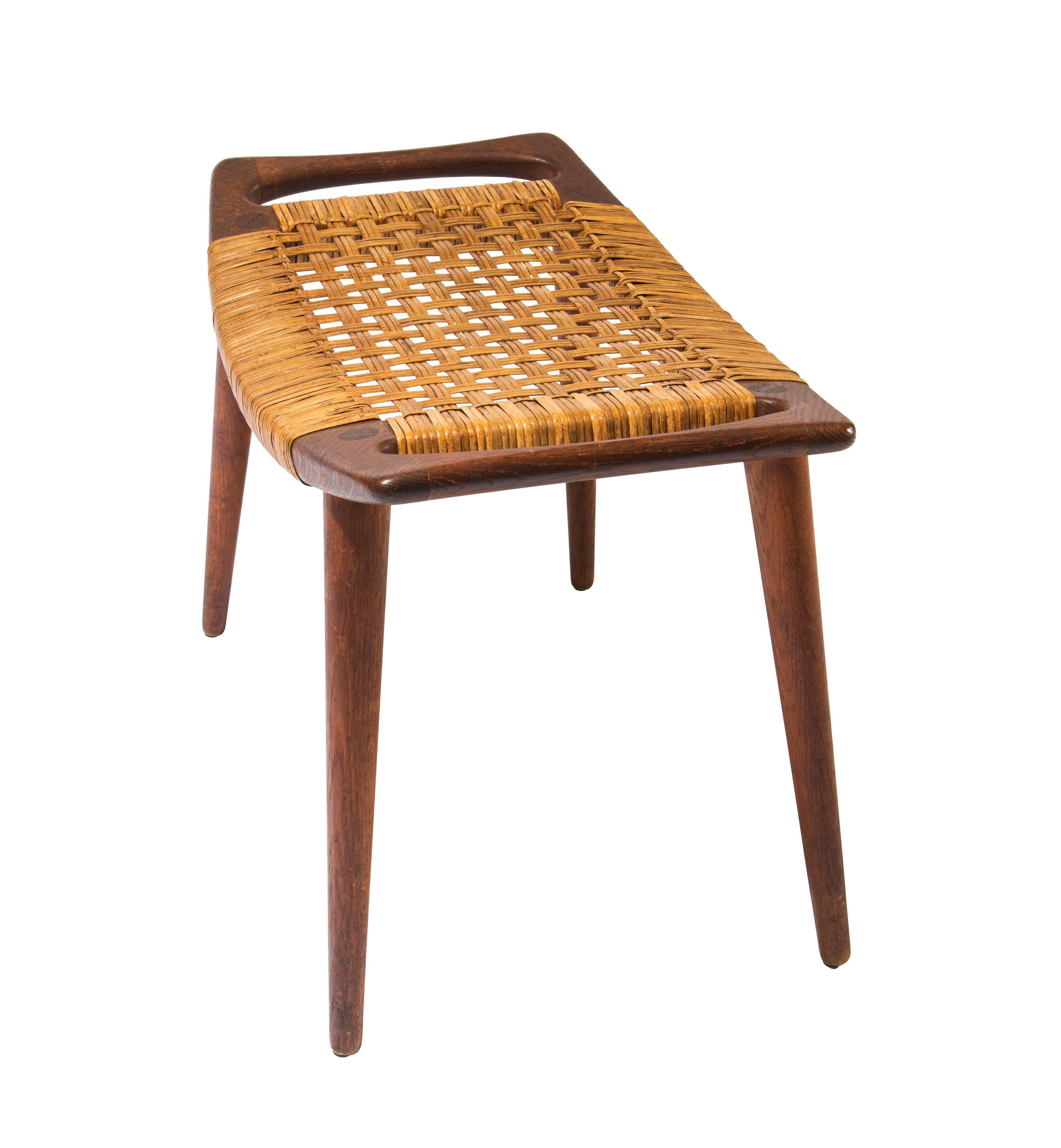 Scandinavian Modern Hans Wegner Teak and Cane Stool for Johannes Hansen