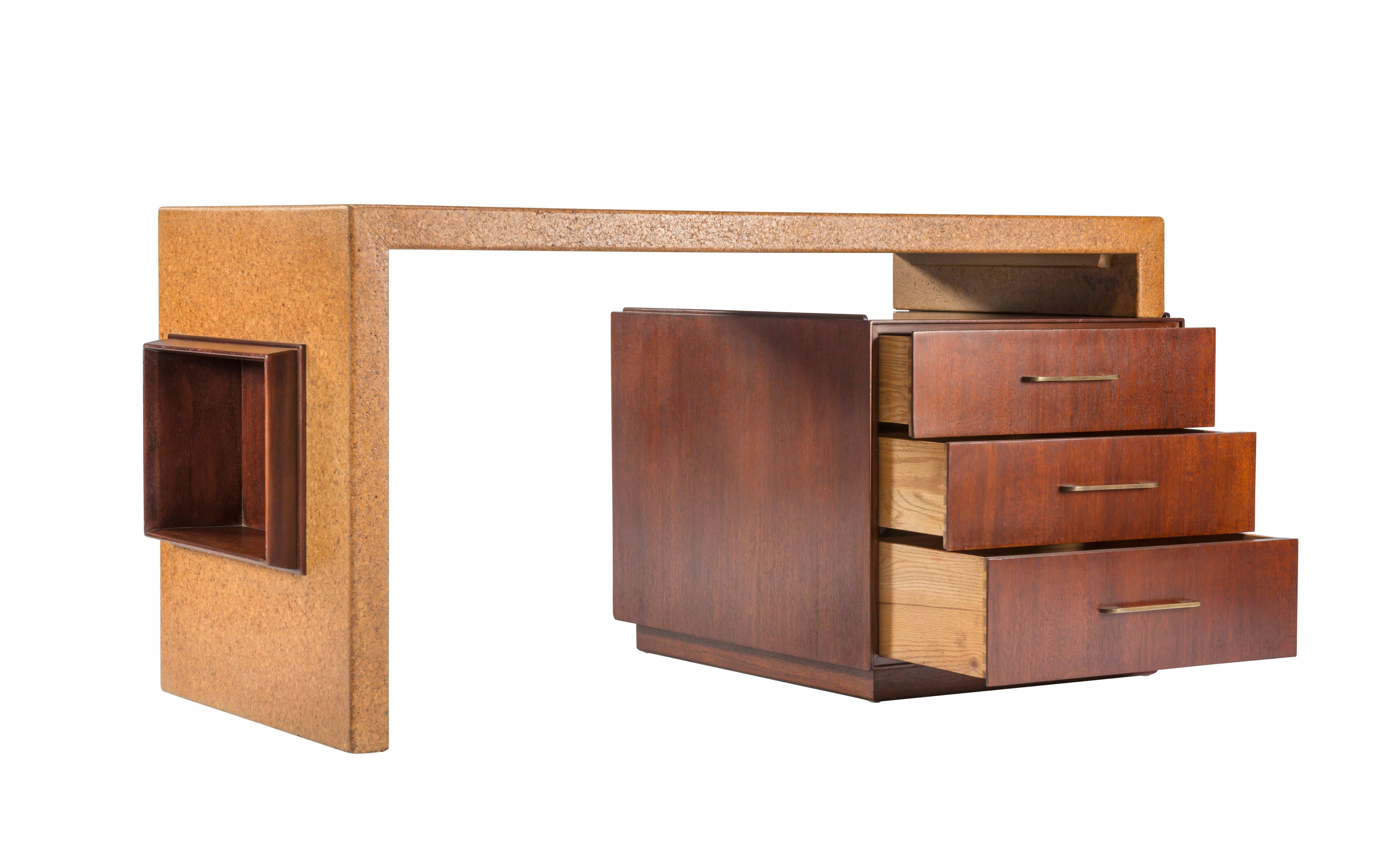American Rare Cork and Mahogany Desk by Paul Frankl