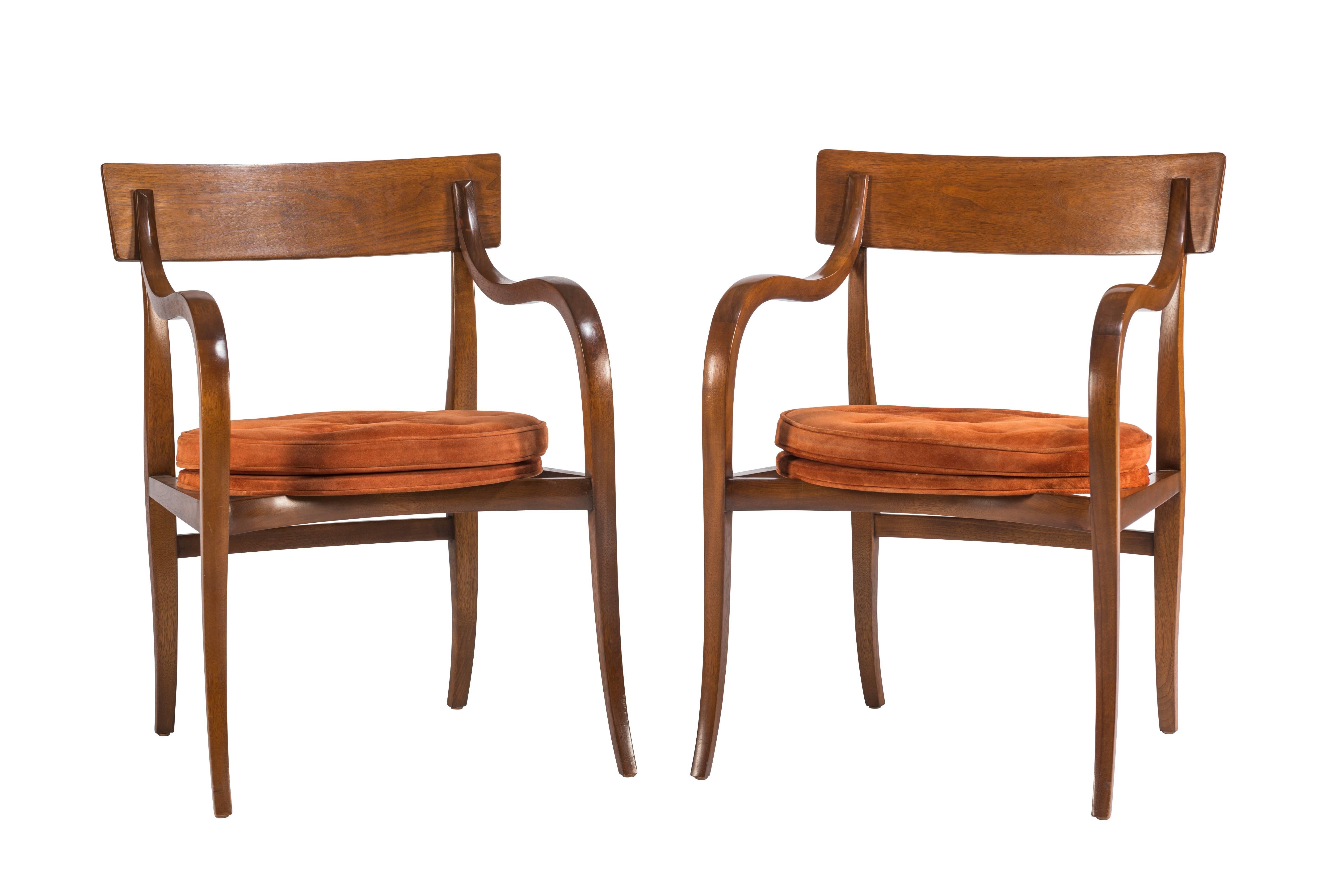 Pair of rare Dunbar Alexandria occasional chairs, model 6004, designed by Edward Wormley. One of the most sculptural and elegant chairs created by Wormley. Seats with original brown suede. Labeled.