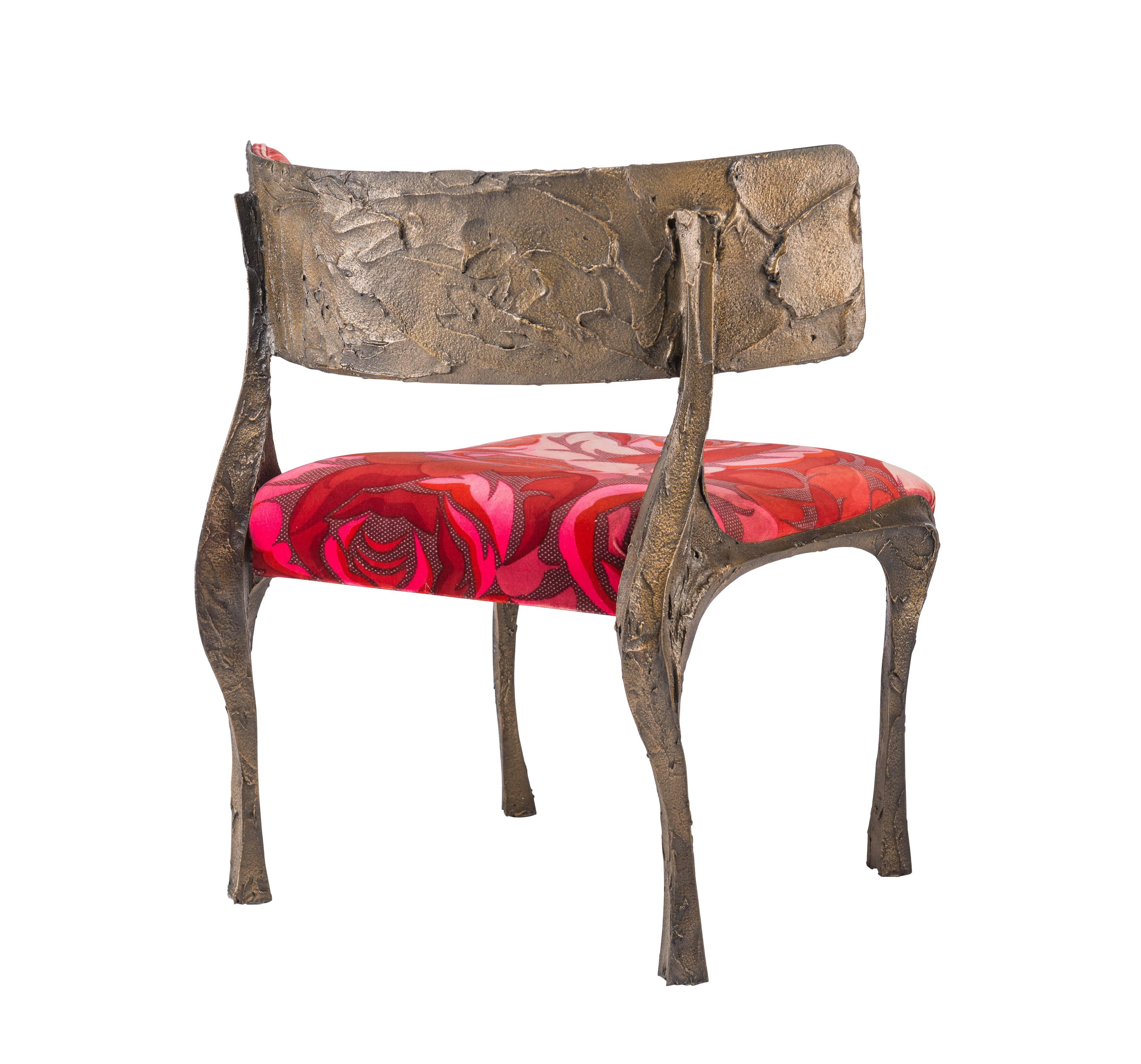 Rare Paul Evans sculptured metal lounge chair, model PE 117, in original Jack Lenore Larsen fabric. Wear to original fabric.