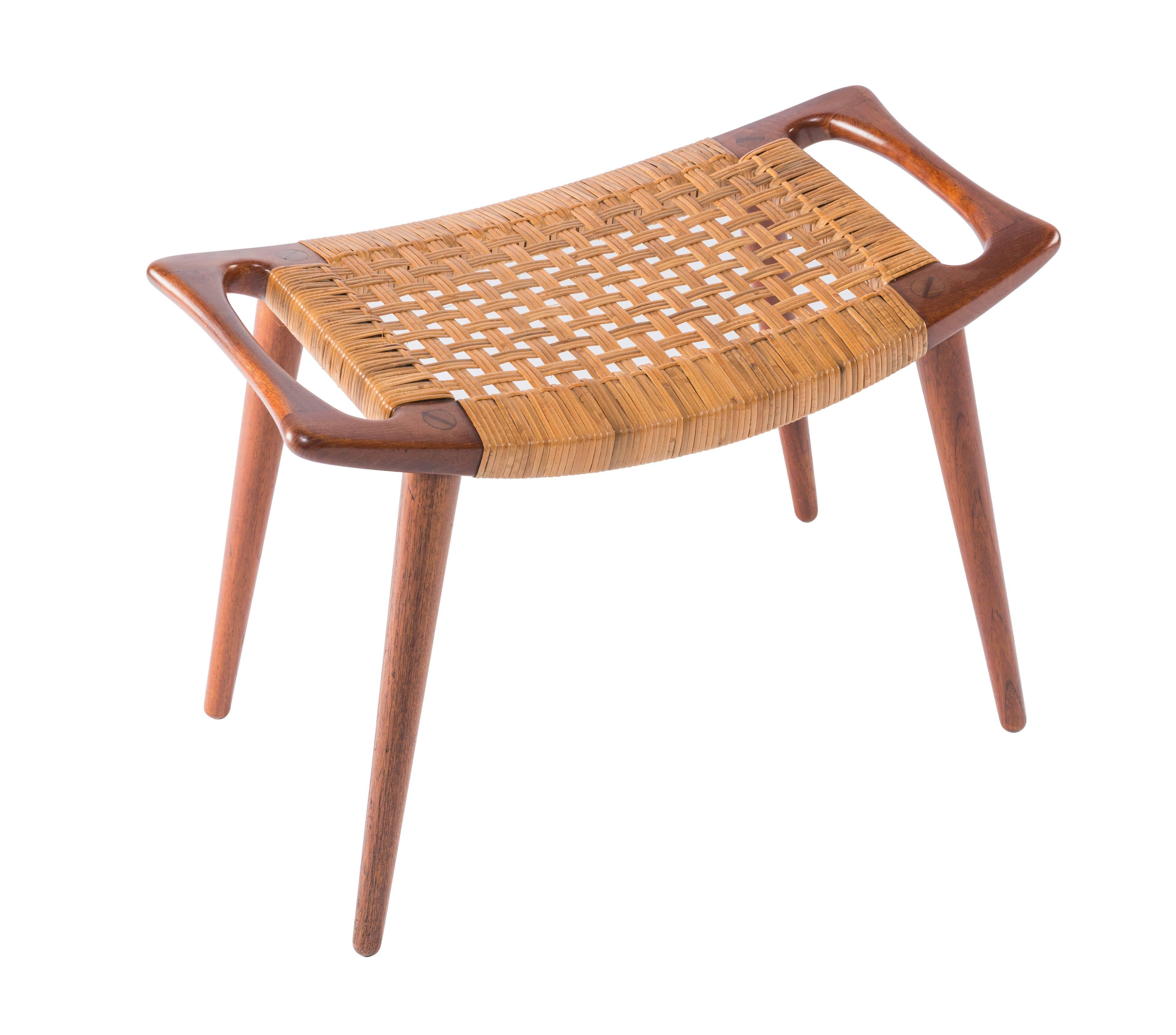 Danish Hans Wegner Teak and Cane Stool for Johannes Hansen