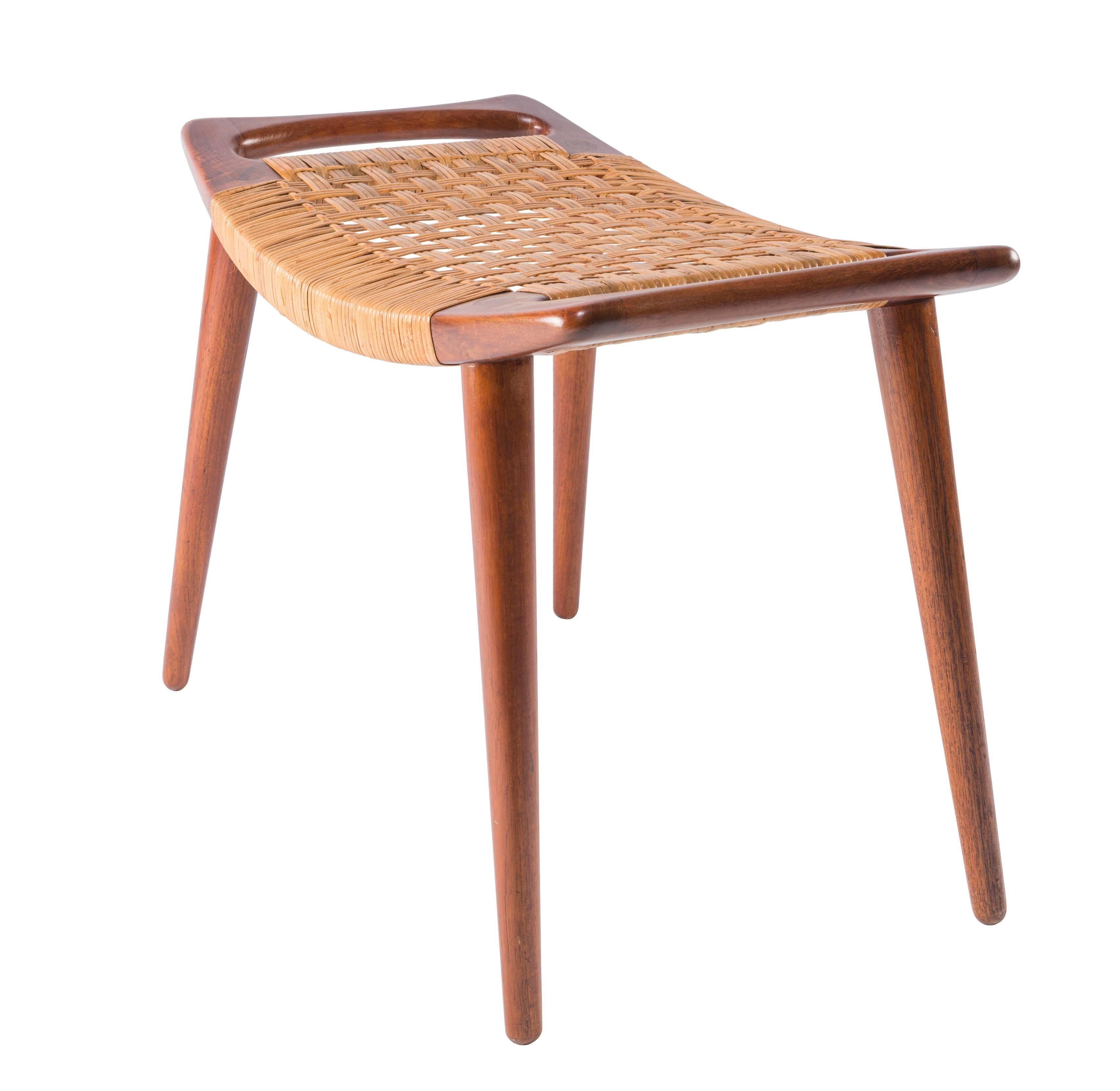 Scandinavian Modern Hans Wegner Teak and Cane Stool for Johannes Hansen