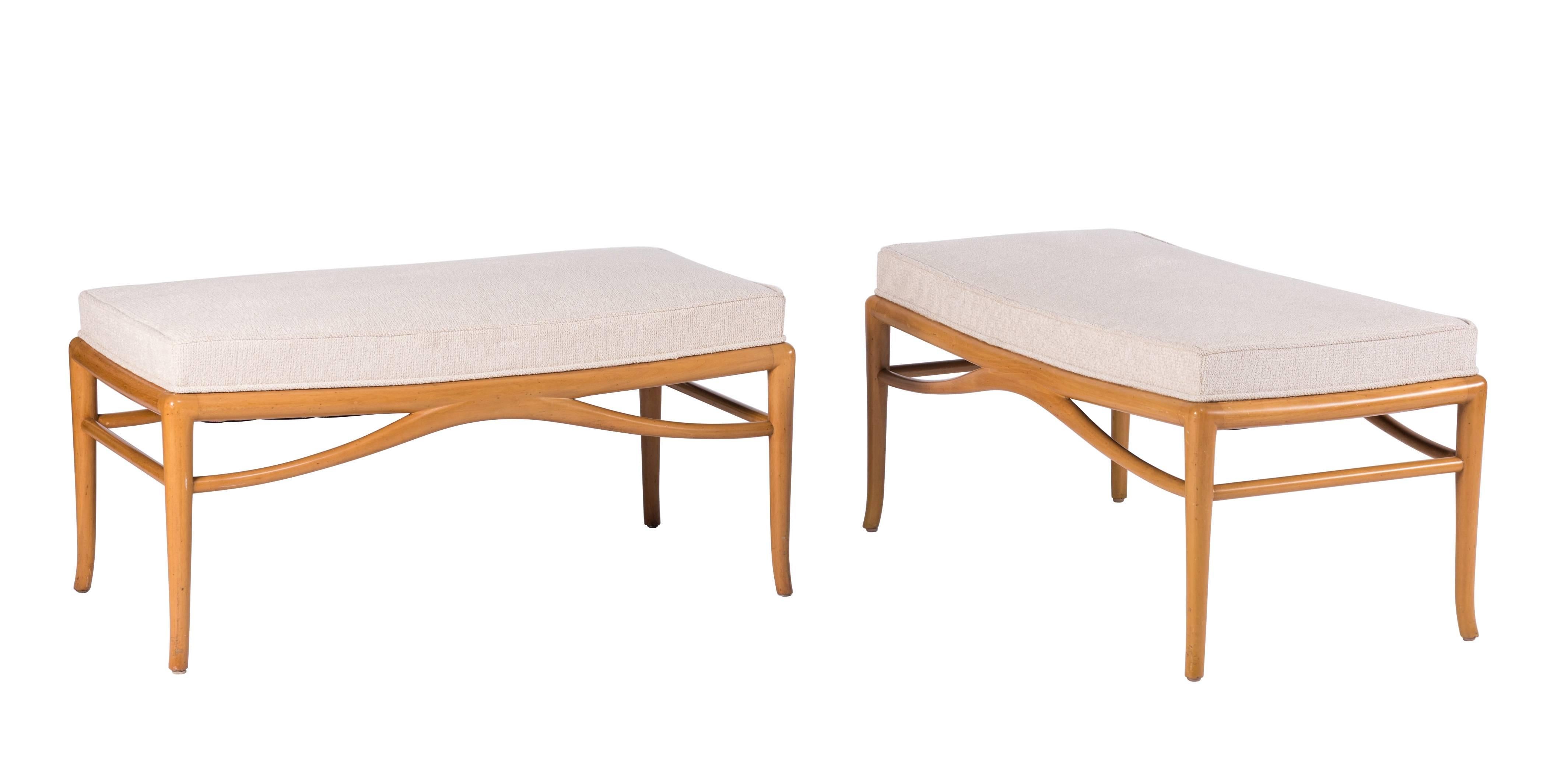 Pair of unique and custom Robsjohn-Gibbings benches for the White Shadow commission, a midcentury residence custom-built in Rancho Mirage, California, for Mr. and Mrs. Thomas B. Davis, circa 1956. This pair of benches are featured in a large spread