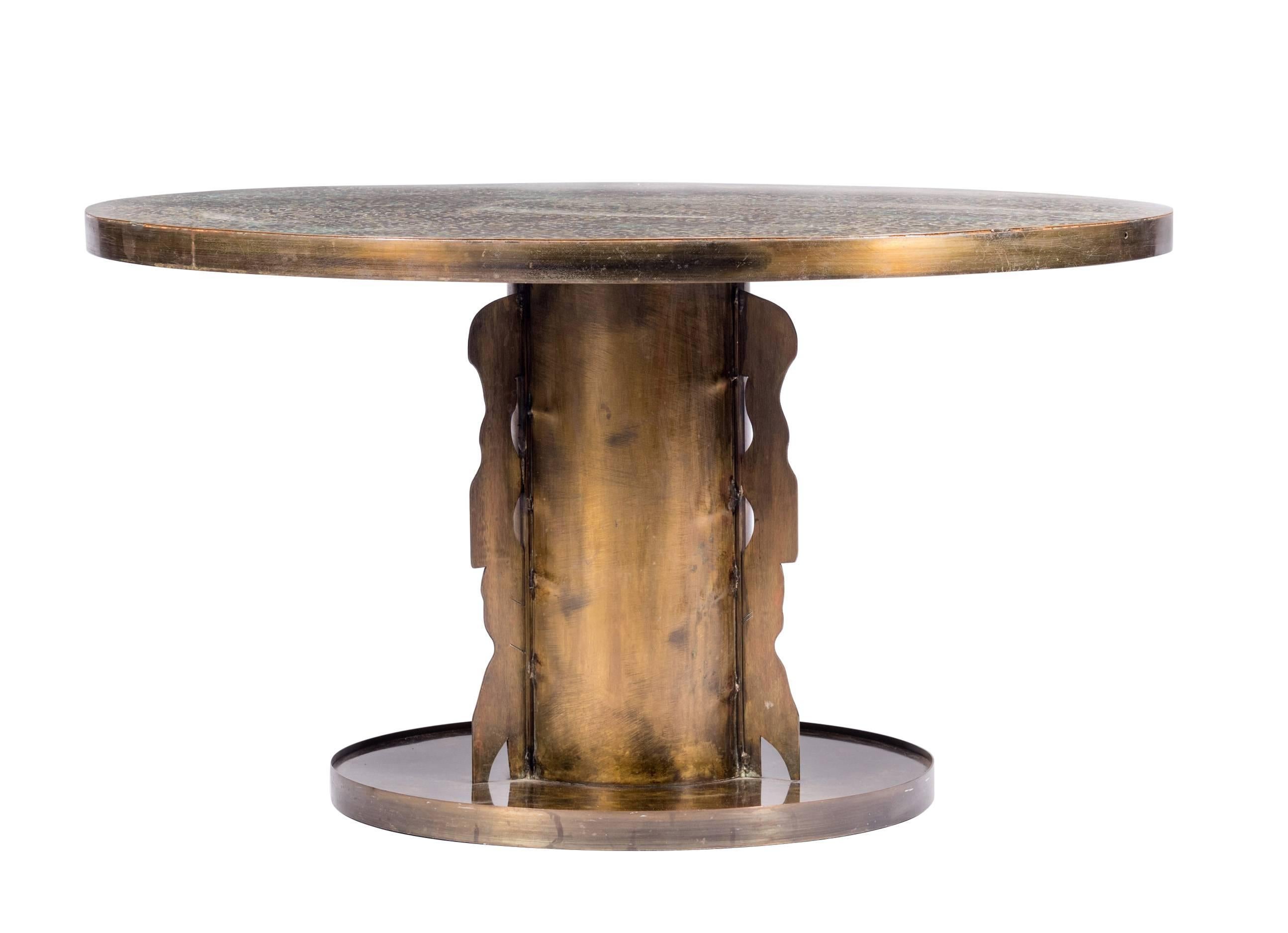 Desirable Estruscan patterned coffee table by Philip and Kelvin LaVerne. The Etruscan pattern is derived from ancient Italian art and specifically what is now Tuscany. The base with architectural elements and some natural patina to top.