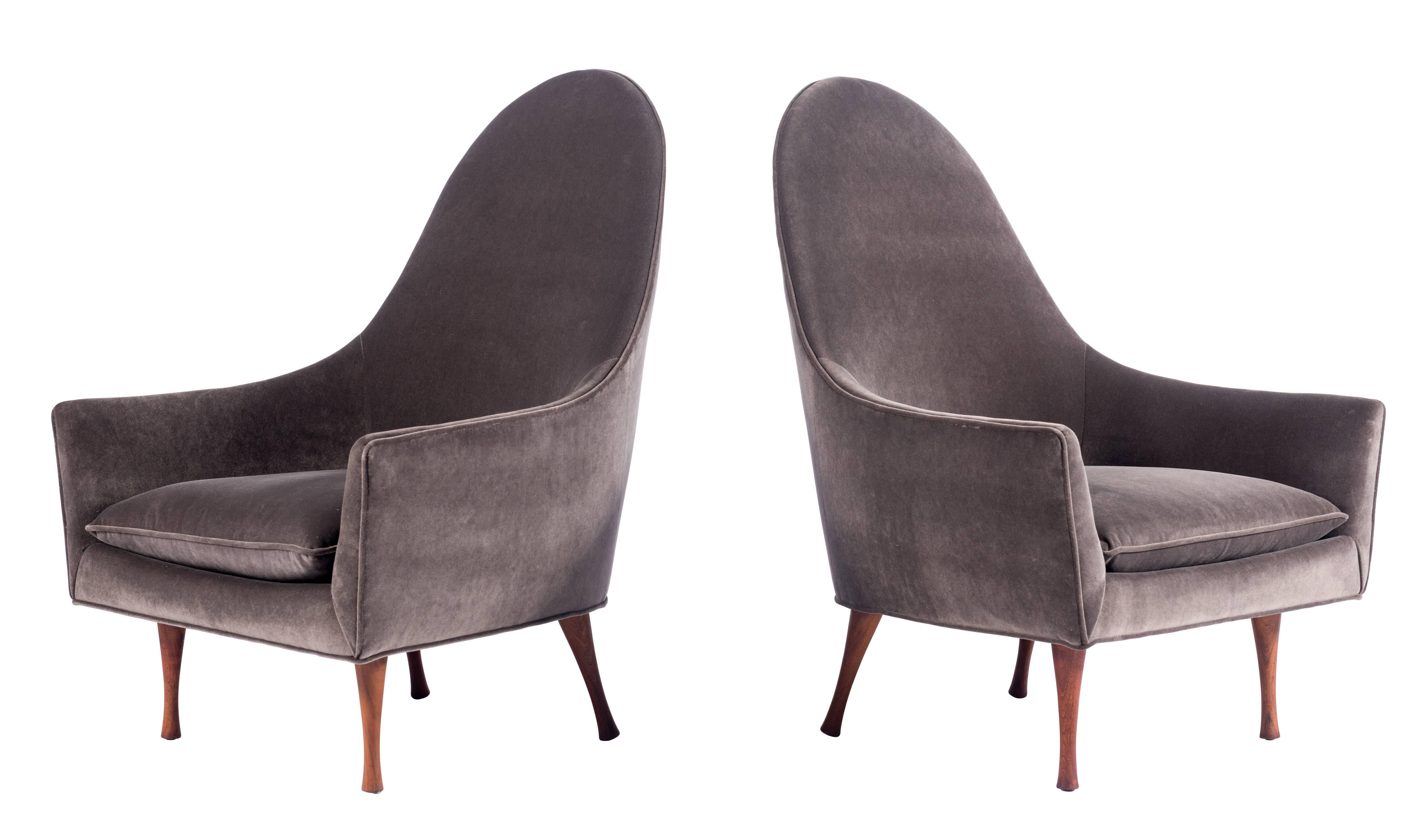 Pair of rare high-back lounges from McCobb’s short-lived "Symmetric" furniture group line for Widdicomb in 1961. Newly re-upholstered and refinished.