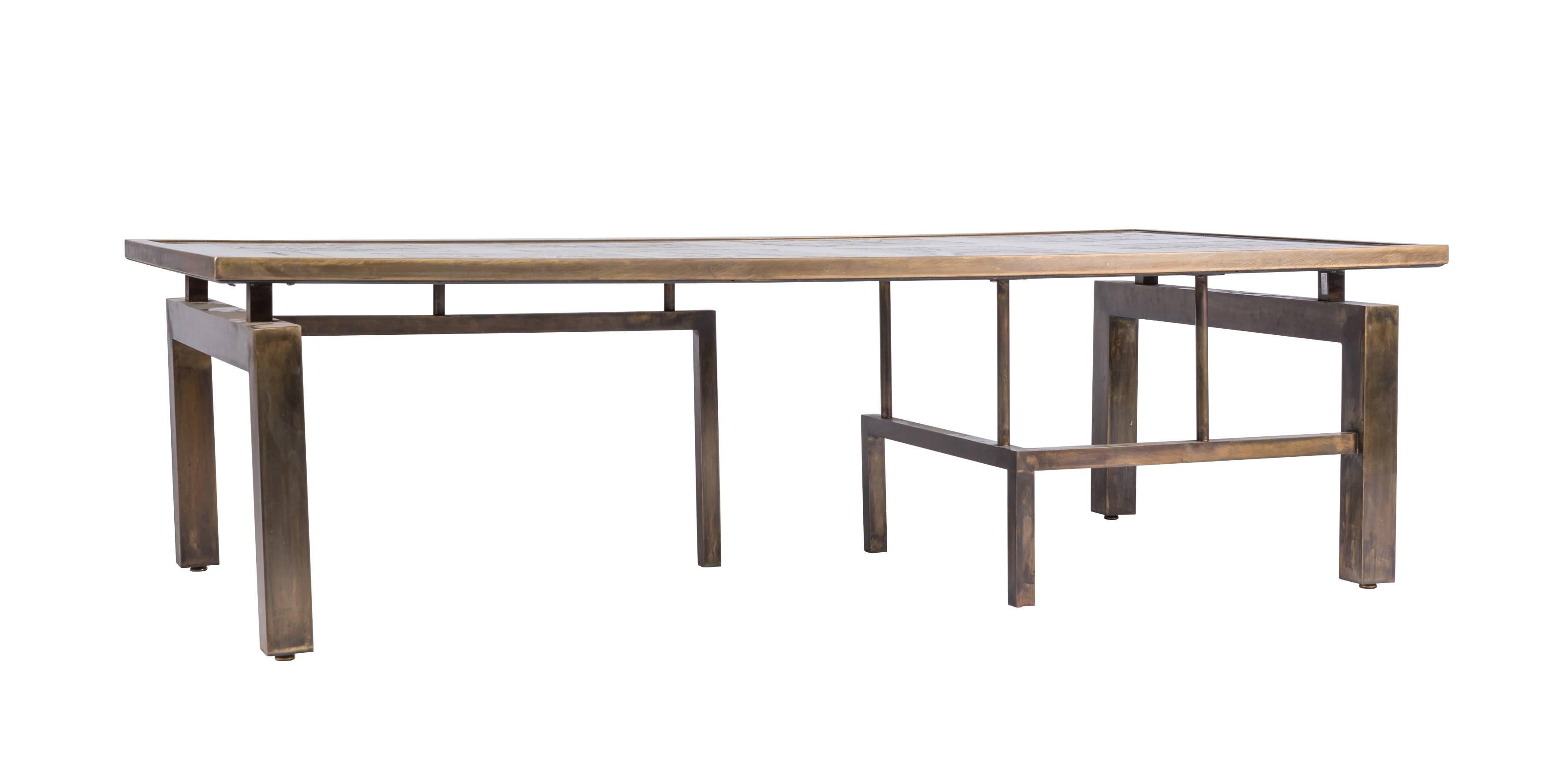 Rare Medici coffee table by Philip and Kelvin LaVerne, circa 1965 with interesting architectural base. Comprised of acid-etched and enameled patinated brass. Signed. A fine and very clean example.