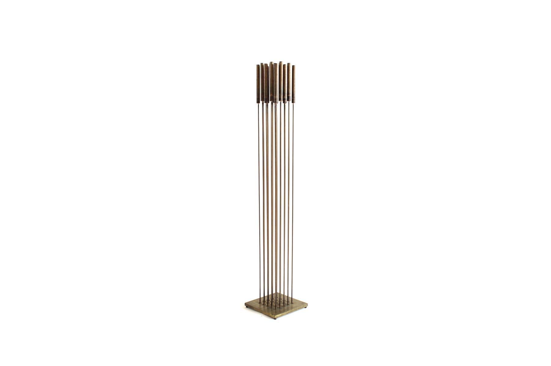 Perfectly scaled Bertoia beryllium copper and brass sounding sculpture.  25 rods in a 5 by 5 square pattern. Base measures 8 x 8. Overall height is 43 inches. Perfect resonating sound.