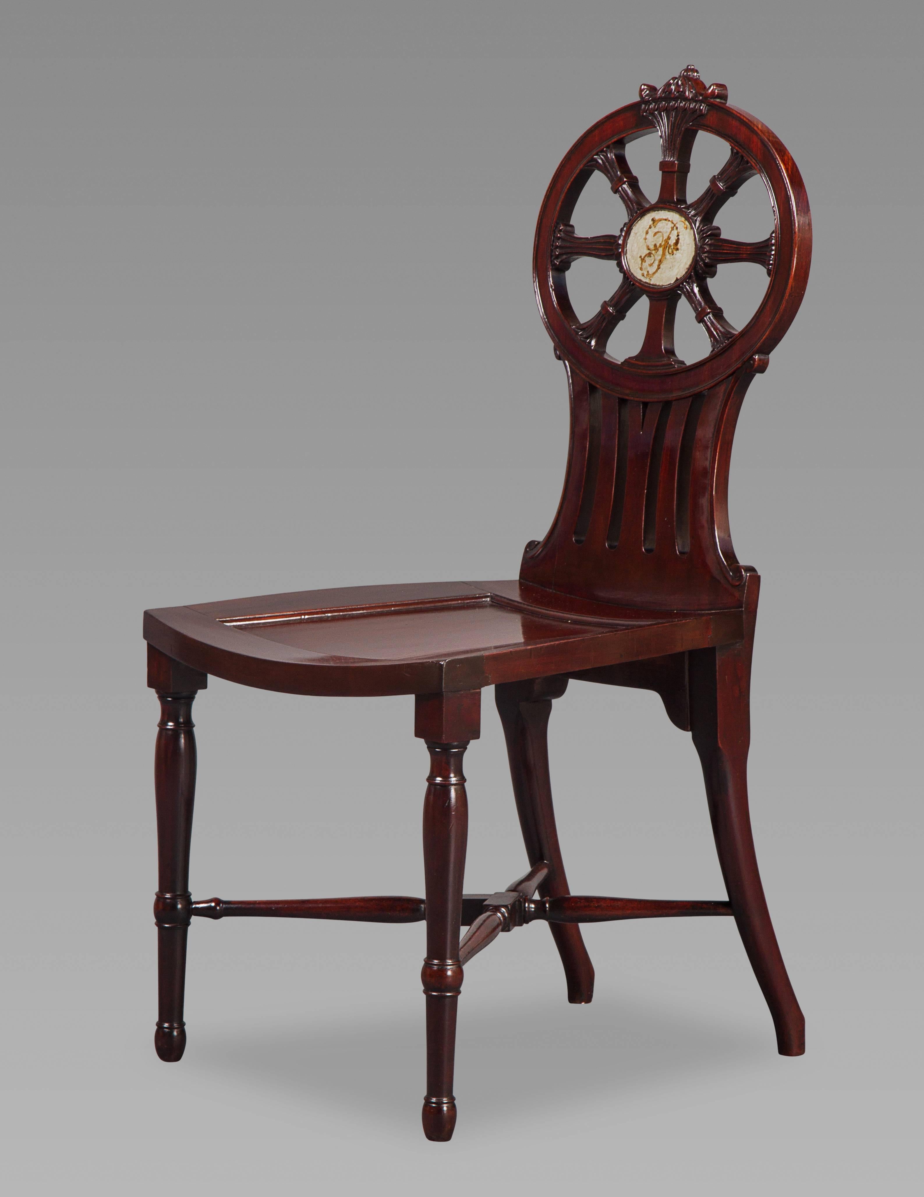 English Gillows: Magnificent and Rare Set of Mahogany Hall Chairs, circa 1790 For Sale