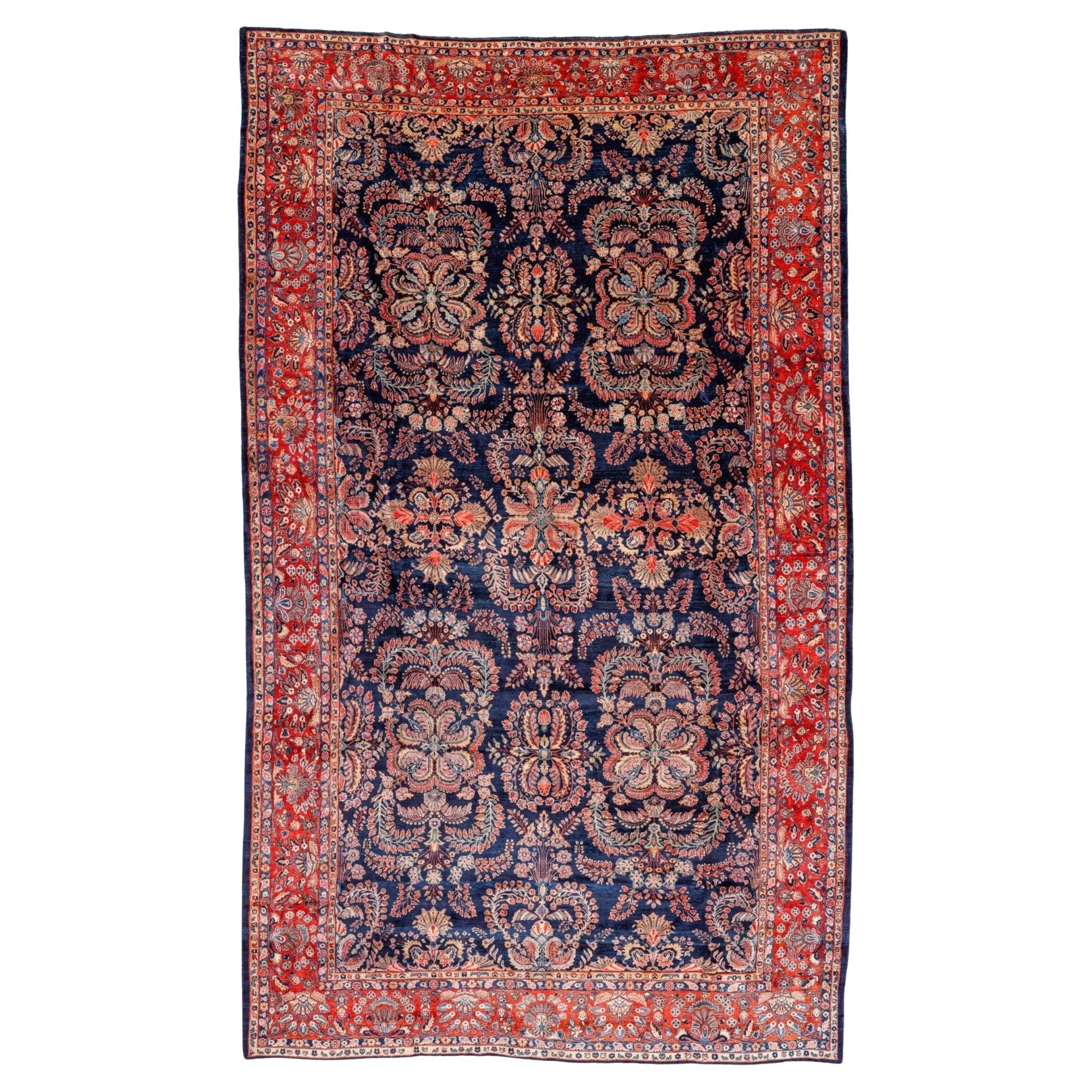 1930s Rare Blue Sarouk Mahajaran Persian rug excellent  condition 10x16.9 For Sale