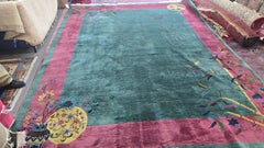 1920s Art Deco Nichols Chinese Green Botanical Rug 9x11.6
